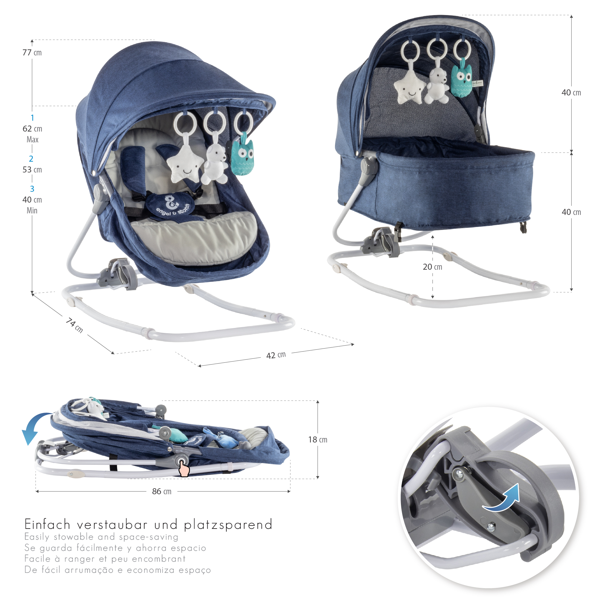 Babywippe PAVO mit Wiegenfunktion und Spielebogen Blau + Grau