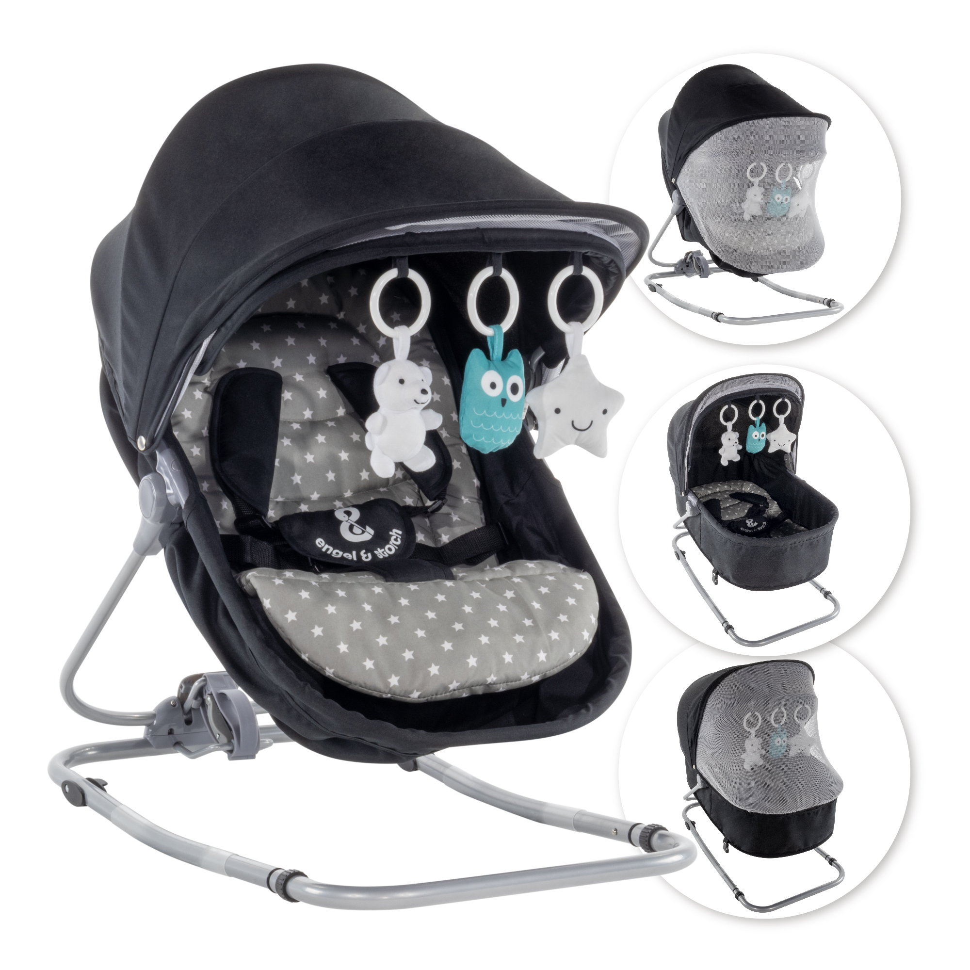 Babywippe PAVO mit Wiegenfunktion und Spielebogen Schwarz + Grau weiße Sterne Babywippe PAVO mit Wiegenfunktion und Spielebogen Schwarz + Grau weiße Sterne