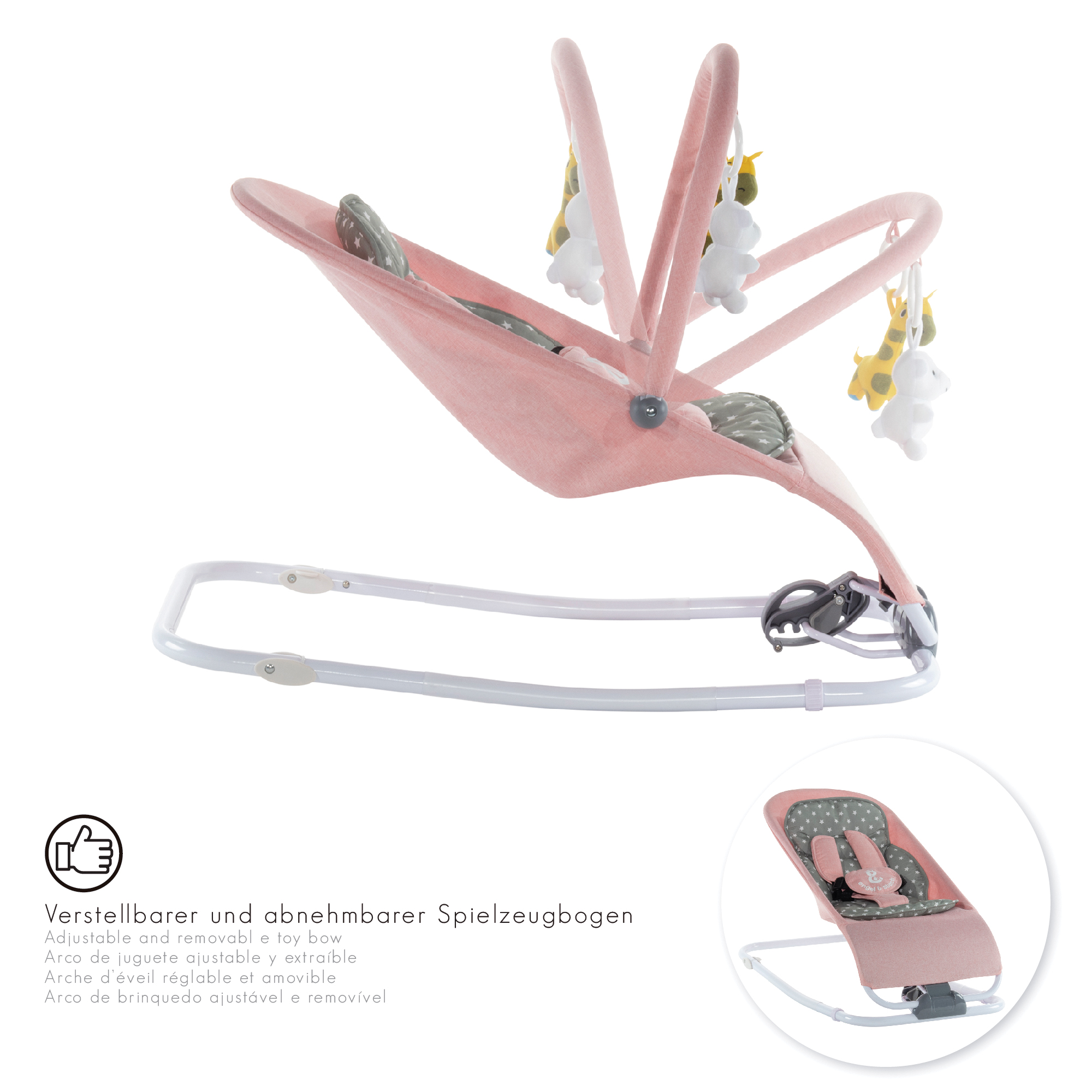 Babywippe VIENO mit abnehmbarem Bezug und Spielebogen Rosa + Grau weiße Sterne