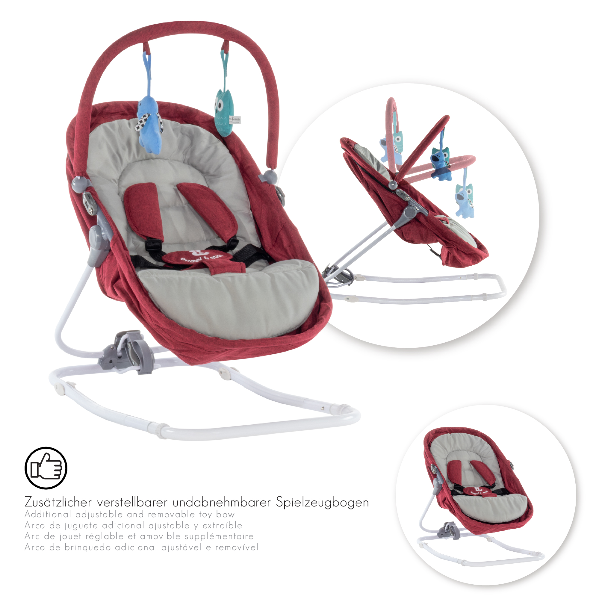 Babywippe PAVO mit Wiegenfunktion und Spielebogen Rot + Grau