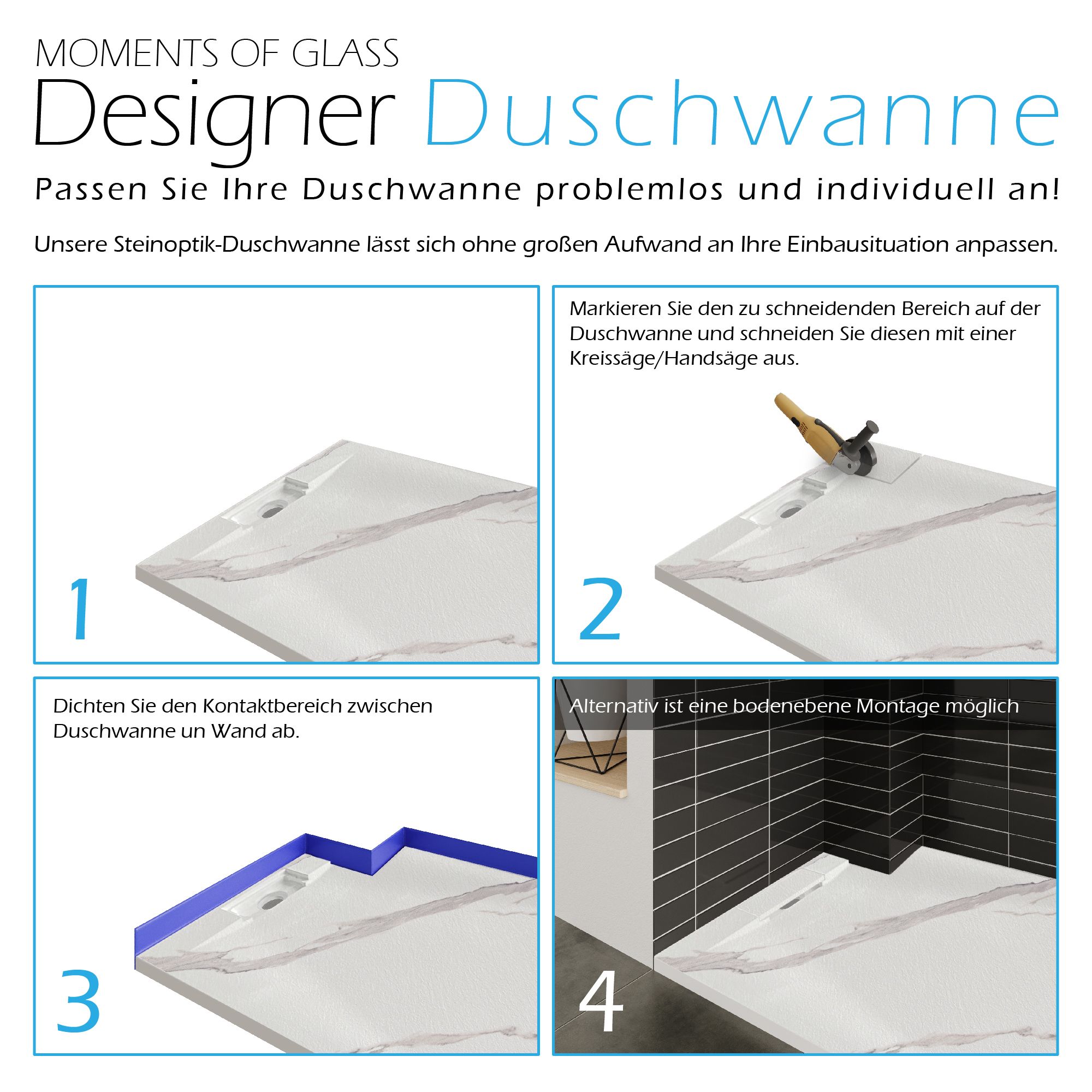 SMC Duschwanne Polar in Marmor-Optik inkl. Ablaufgarnitur - Weiß 90x90 cm
