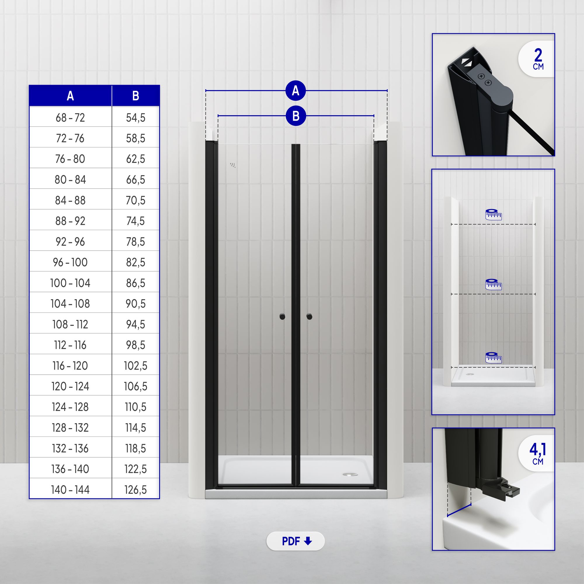 Duschtür Lima BLACK mit Pendeltüren 68-140 cm aus ESG Sicherheitsglas
