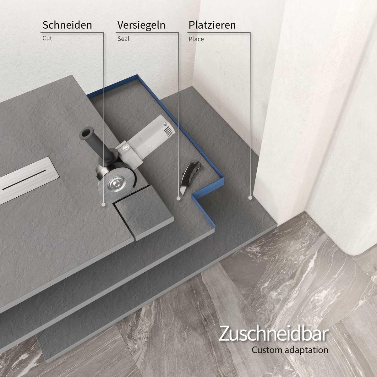 SMC Duschwanne Lumia in Schieferoptik inkl. Ablaufgarnitur Grau 90x180 cm