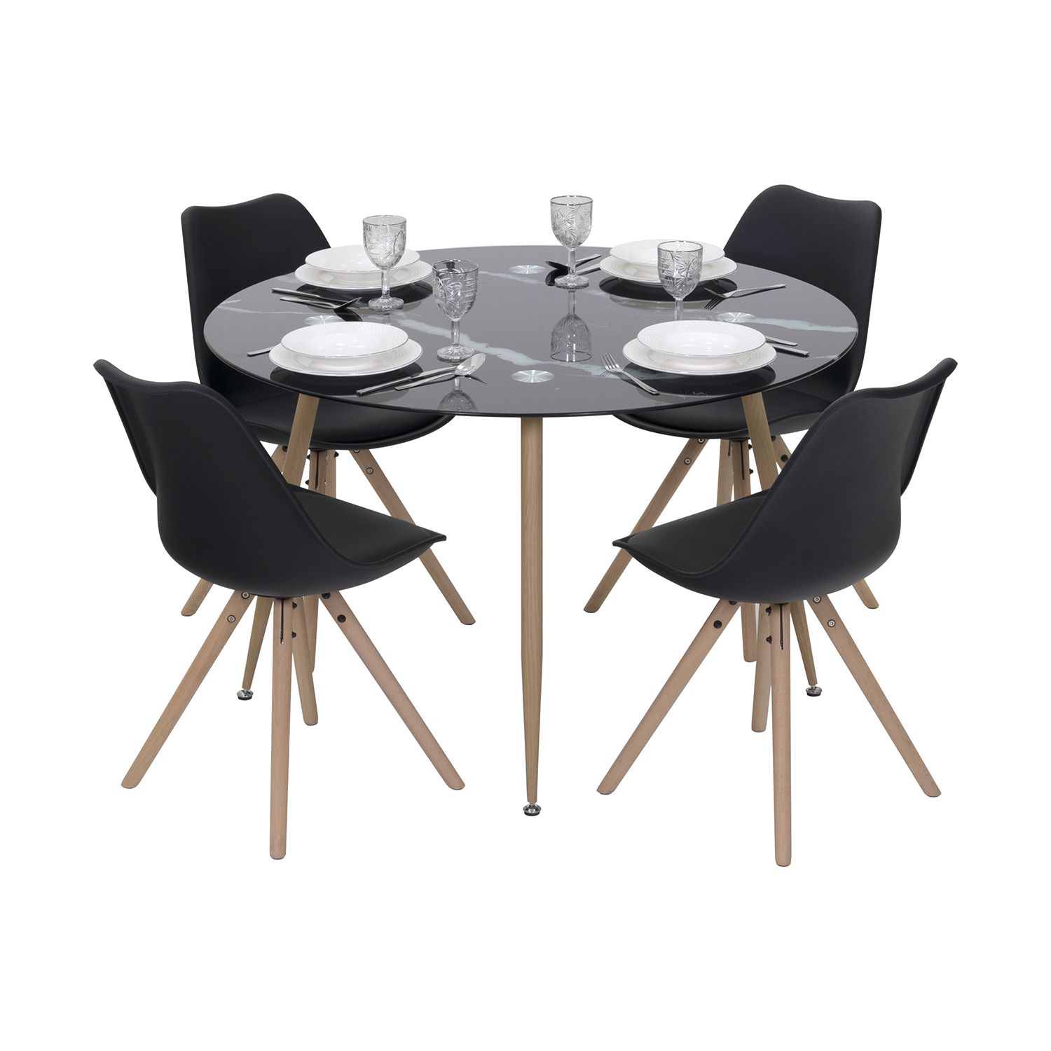 Esszimmer-Tisch CORIN | Tischplatte: Glas in schwarzer Marmor Optik | Beine: Massivholz Esszimmer-Tisch CORIN | Tischplatte: Glas in schwarzer Marmor Optik | Beine:Holz 80 cm