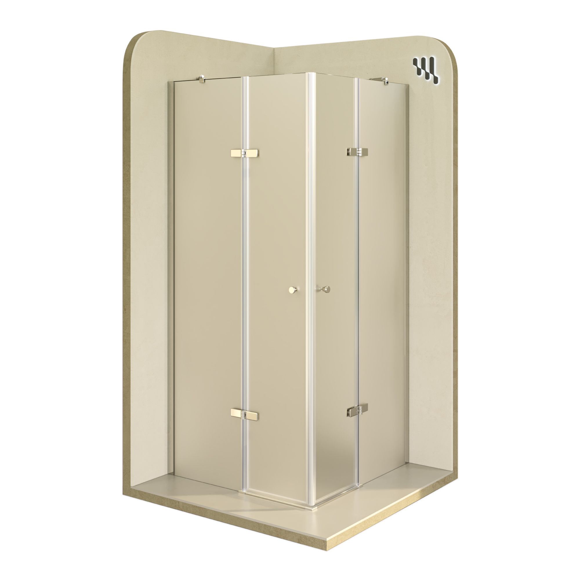 Eckeinstieg Alice mit Klapptüren aus satiniertem ESG Sicherheitsglas Eckeinstieg Alice mit Klapptüren aus satiniertem ESG Sicherheitsglas