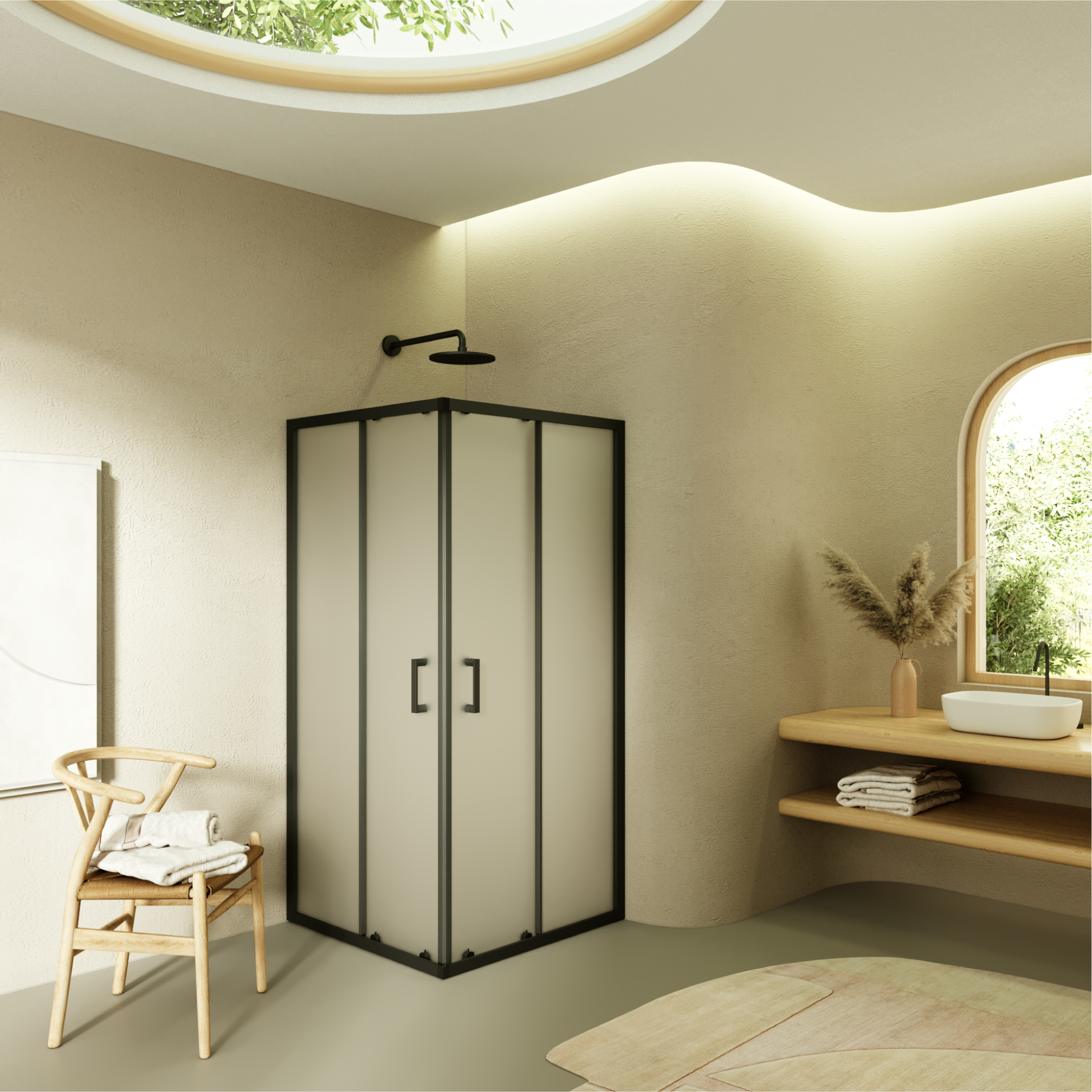 Eckeinstieg Danielle mit Schiebetüren aus satiniertem ESG Sicherheitsglas