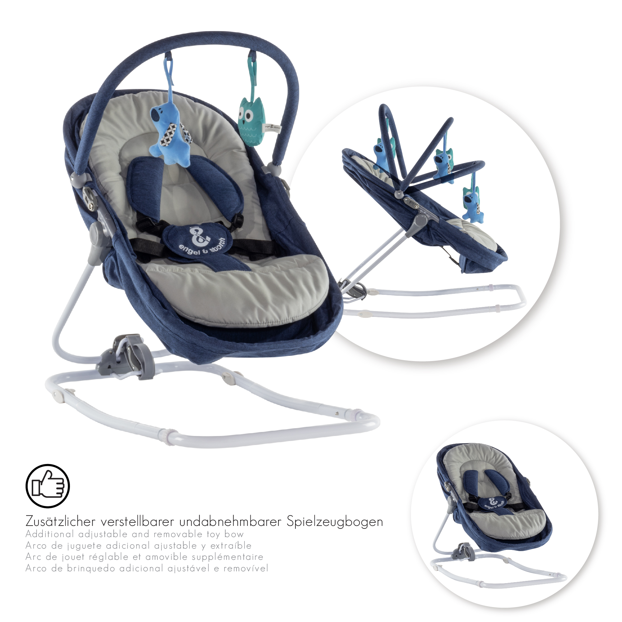 Babywippe PAVO mit Wiegenfunktion und Spielebogen Blau + Grau Babywippe PAVO mit Wiegenfunktion und Spielebogen Blau + Grau