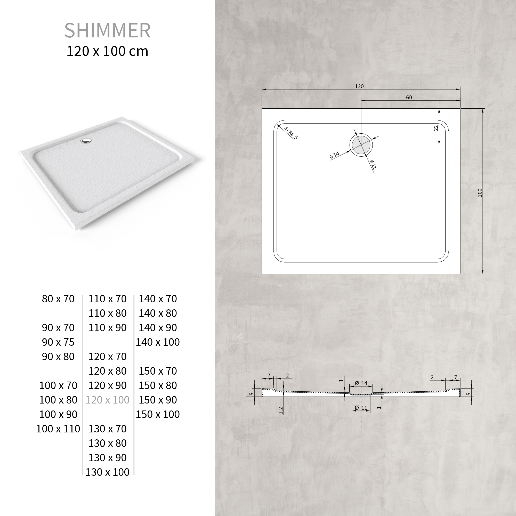 Duschwanne Shimmer STONE aus Sanitäracryl inkl. Ablaufgarnitur - Weiß 100x120 cm