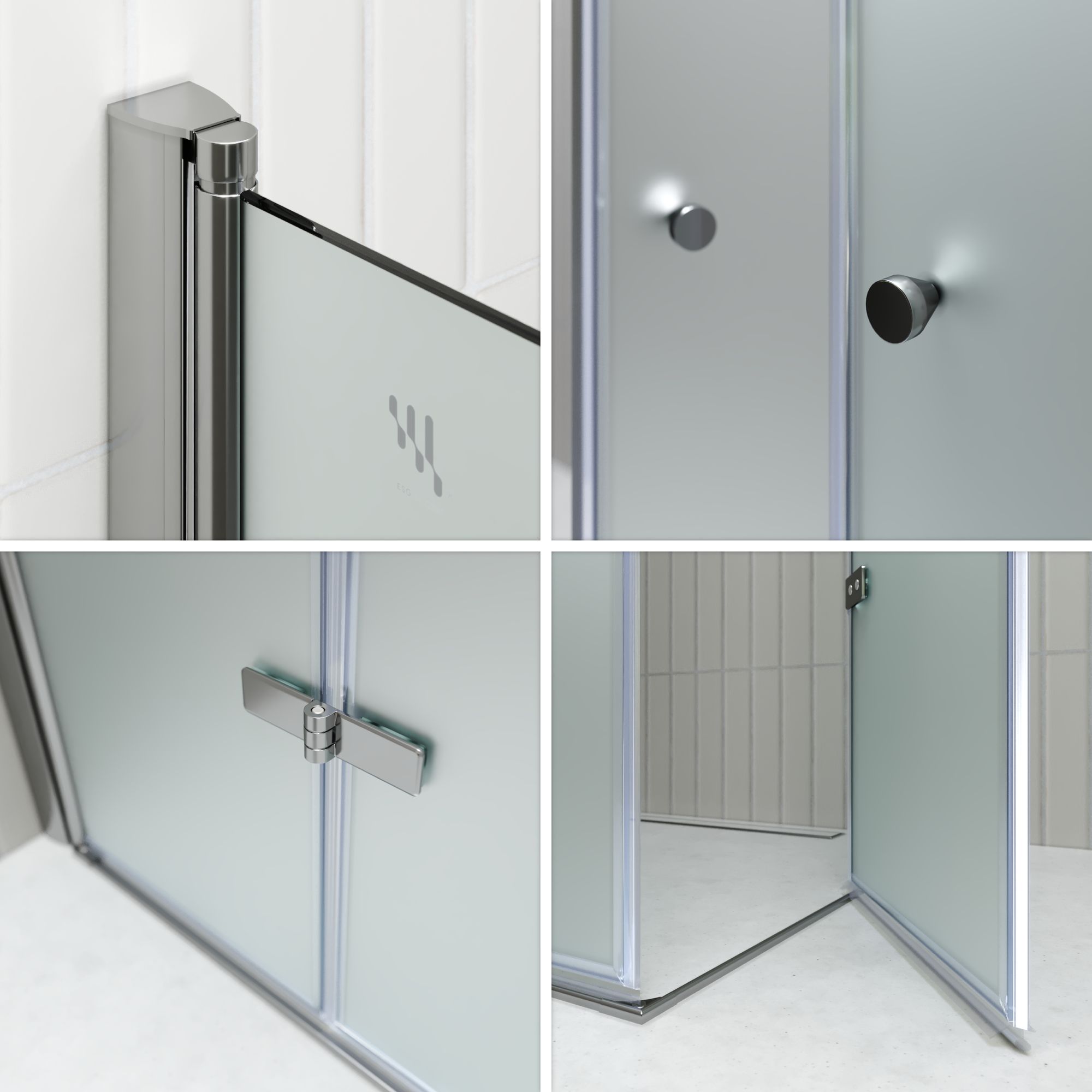 Eckeinstieg Emma mit Falttüren aus satiniertem ESG Sicherheitsglas Eckeinstieg Emma mit Falttüren aus satiniertem ESG Sicherheitsglas