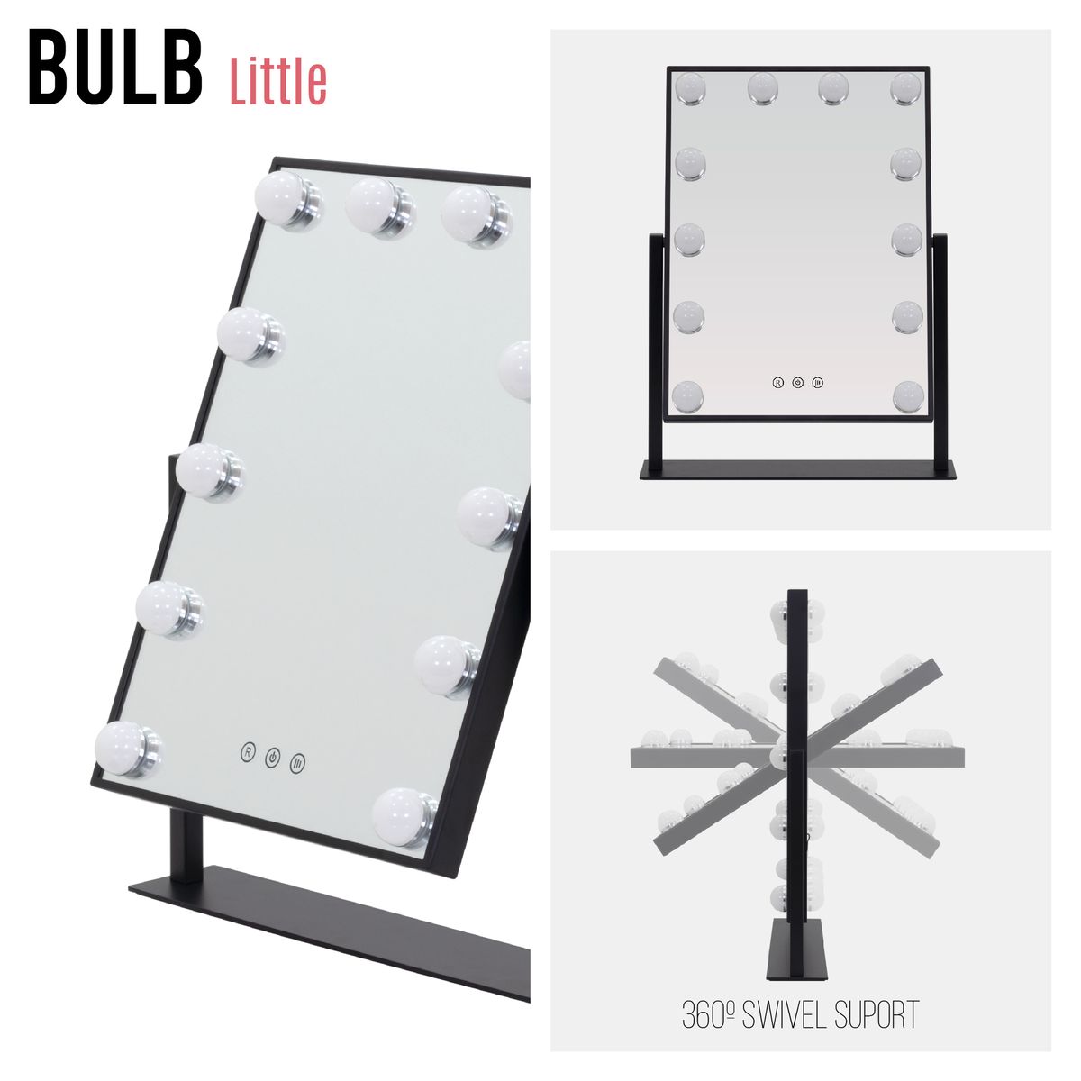 Schminkspiegel Bulb LITTLE mit 12 dimmbaren LED-Lampen Schwarz