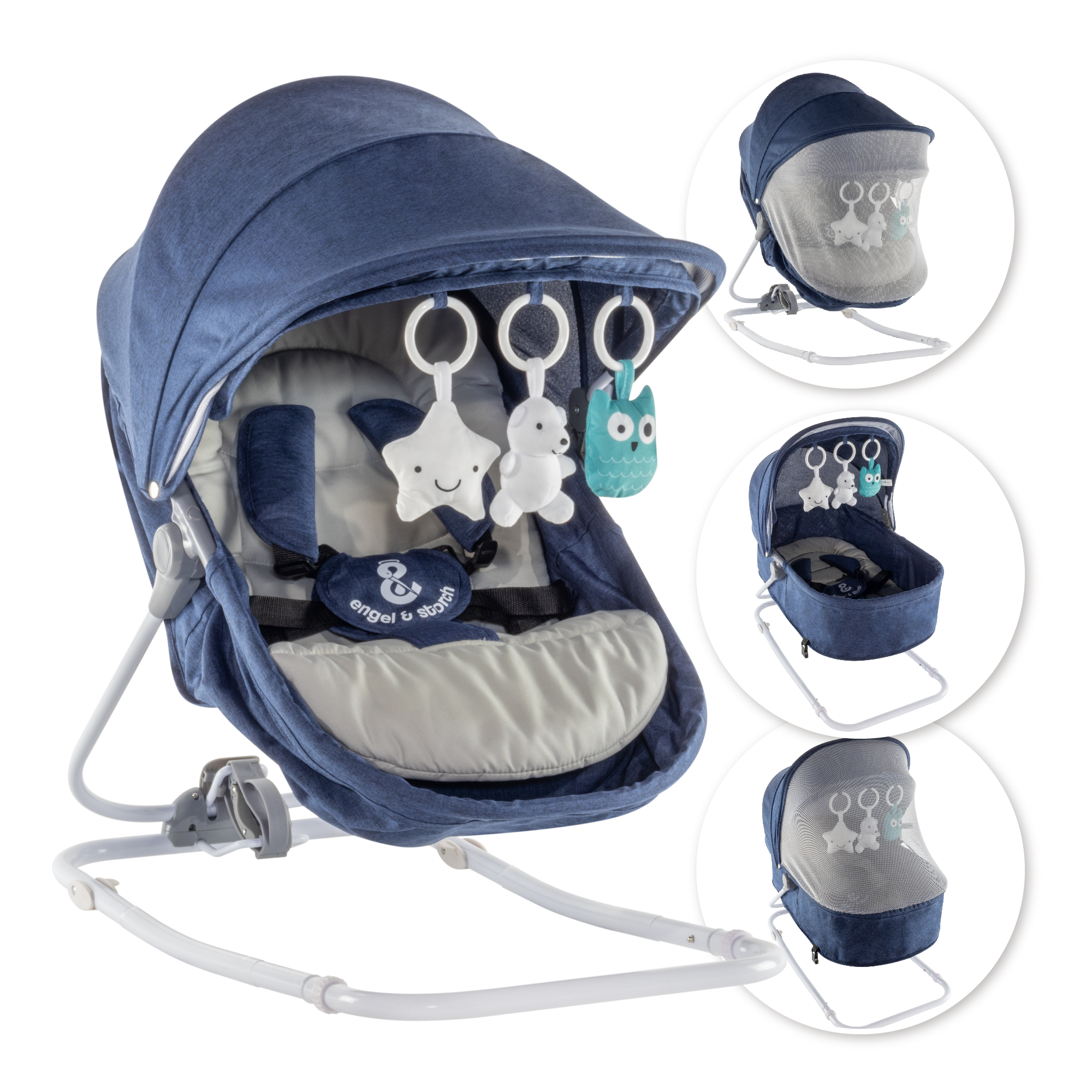 Babywippe PAVO mit Wiegenfunktion und Spielebogen Blau + Grau Babywippe PAVO mit Wiegenfunktion und Spielebogen Blau + Grau