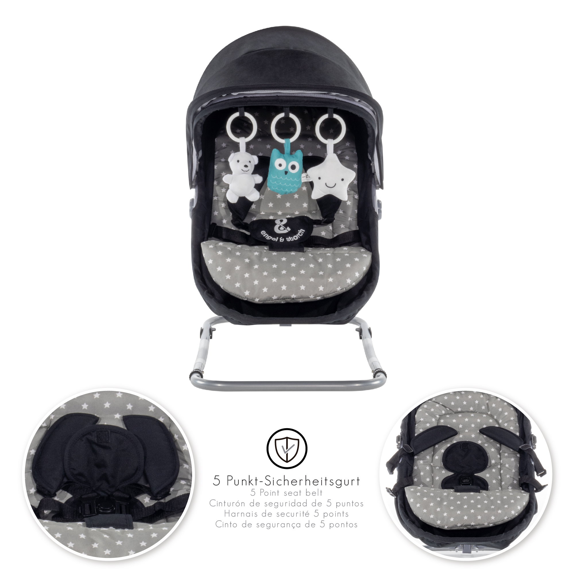 Babywippe PAVO mit Wiegenfunktion und Spielebogen Schwarz + Grau weiße Sterne Babywippe PAVO mit Wiegenfunktion und Spielebogen Schwarz + Grau weiße Sterne