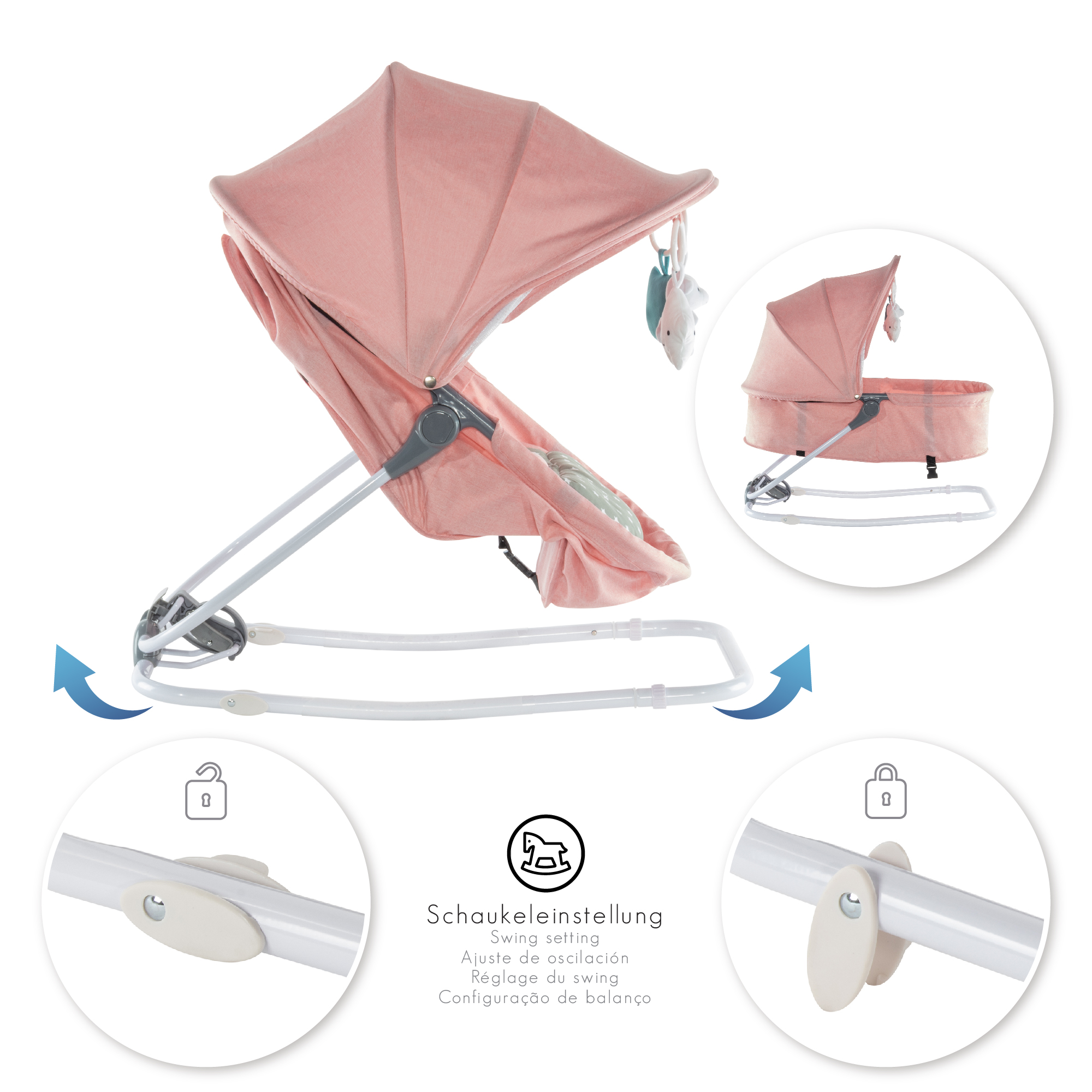 Babywippe PAVO mit Wiegenfunktion und Spielebogen Rosa + Grau weiße Sterne Babywippe PAVO mit Wiegenfunktion und Spielebogen Rosa + Grau weiße Sterne