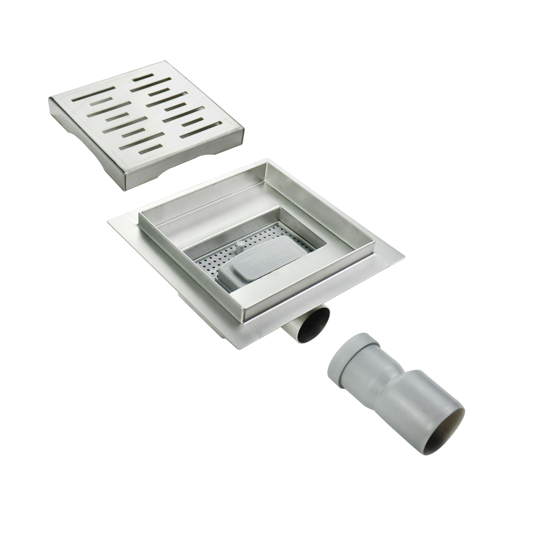 Quadratische Duschrinne Q4 aus Edelstahl für flache Installation mit Schlitzmuster Quadratische Duschrinne Bodenablauf Schlitze aus Edelstahl sehr flach Q4