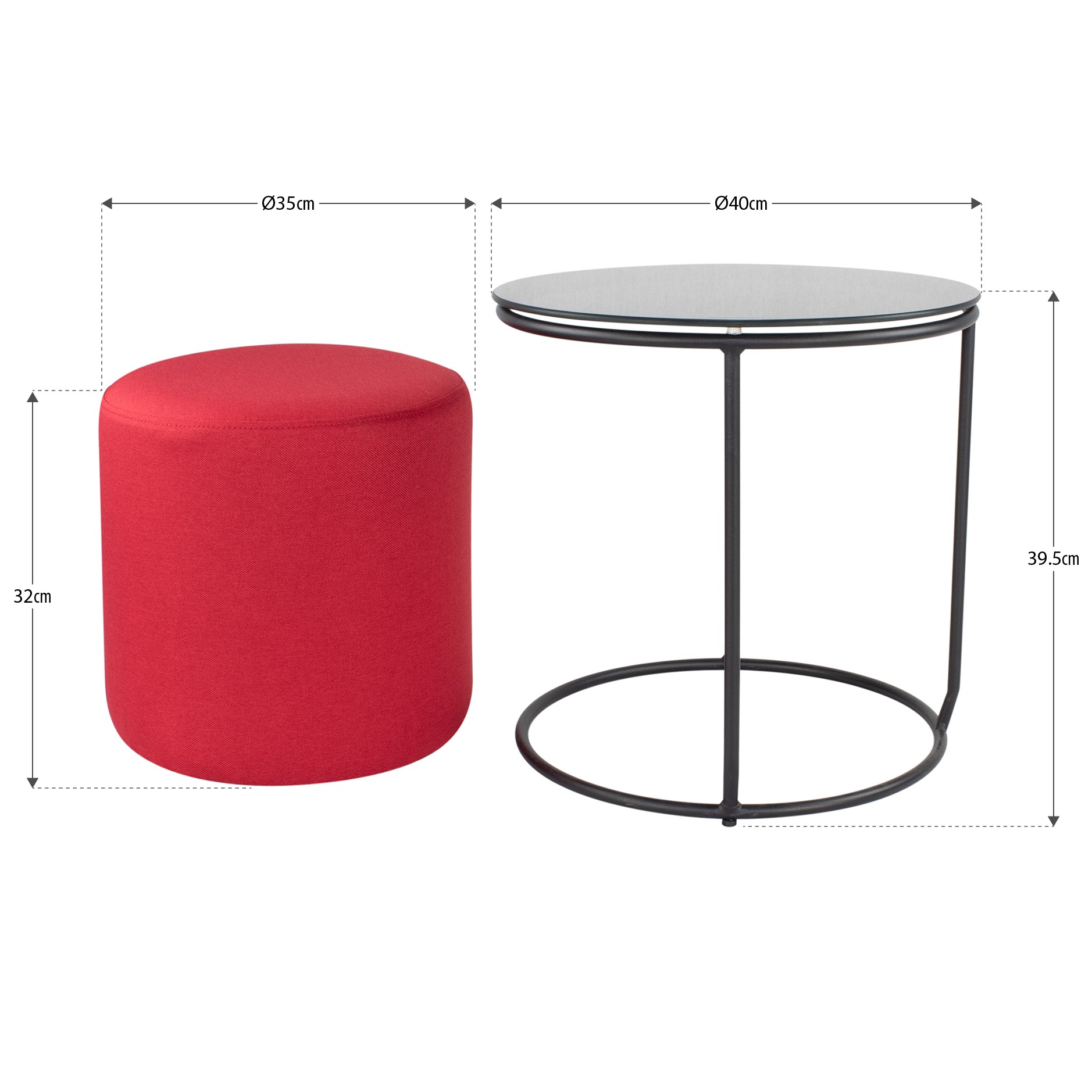 Beistelltisch mit Hocker JASPER runder Couchtisch 40x40 cm Schwarz-Rot N5 Beistelltisch mit Hocker JASPER runder Couchtisch 40x40 cm Schwarz-Rot N5