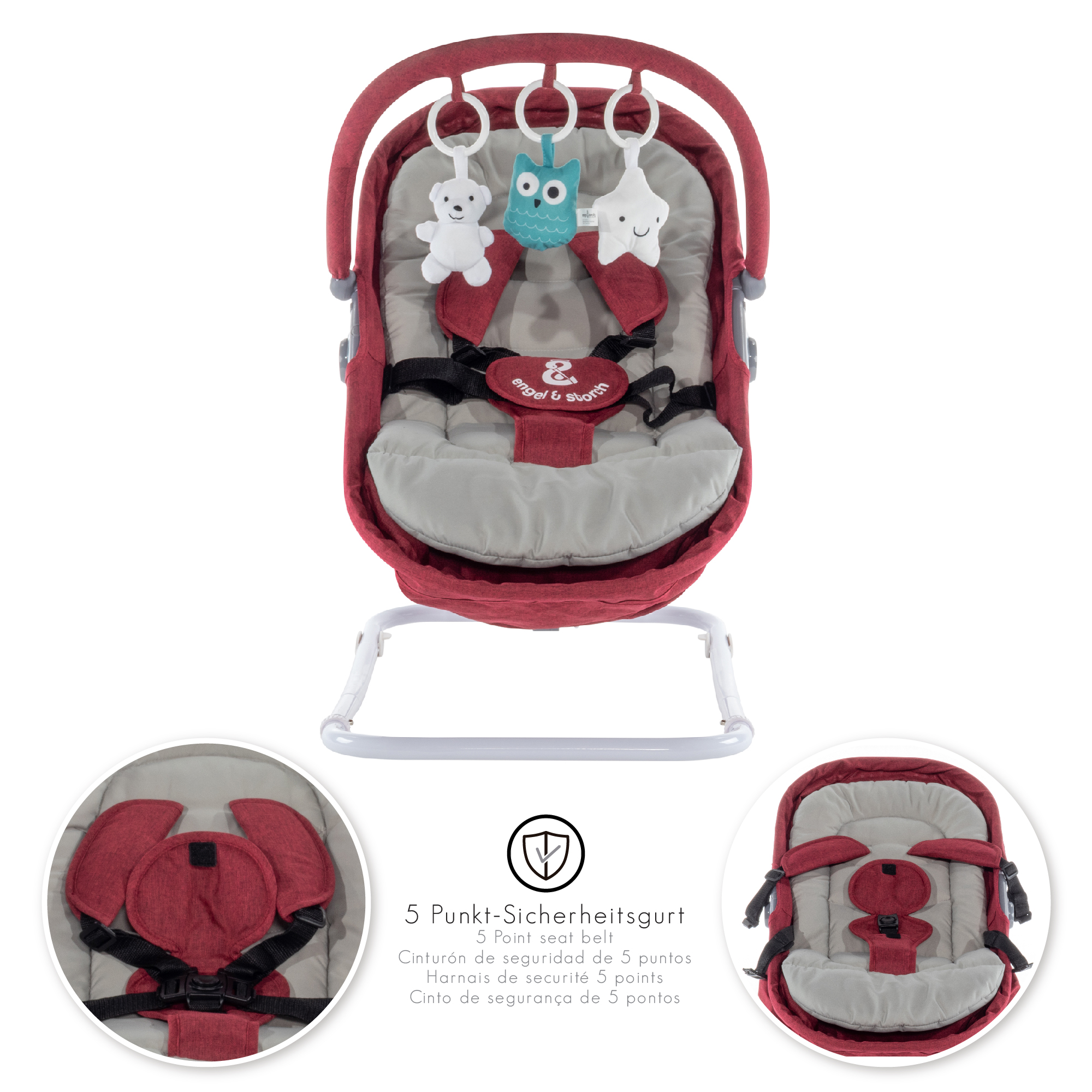Babywippe VIGO Babywiege mit abnehmbarem Bezug und Spielebogen Rot + Grau