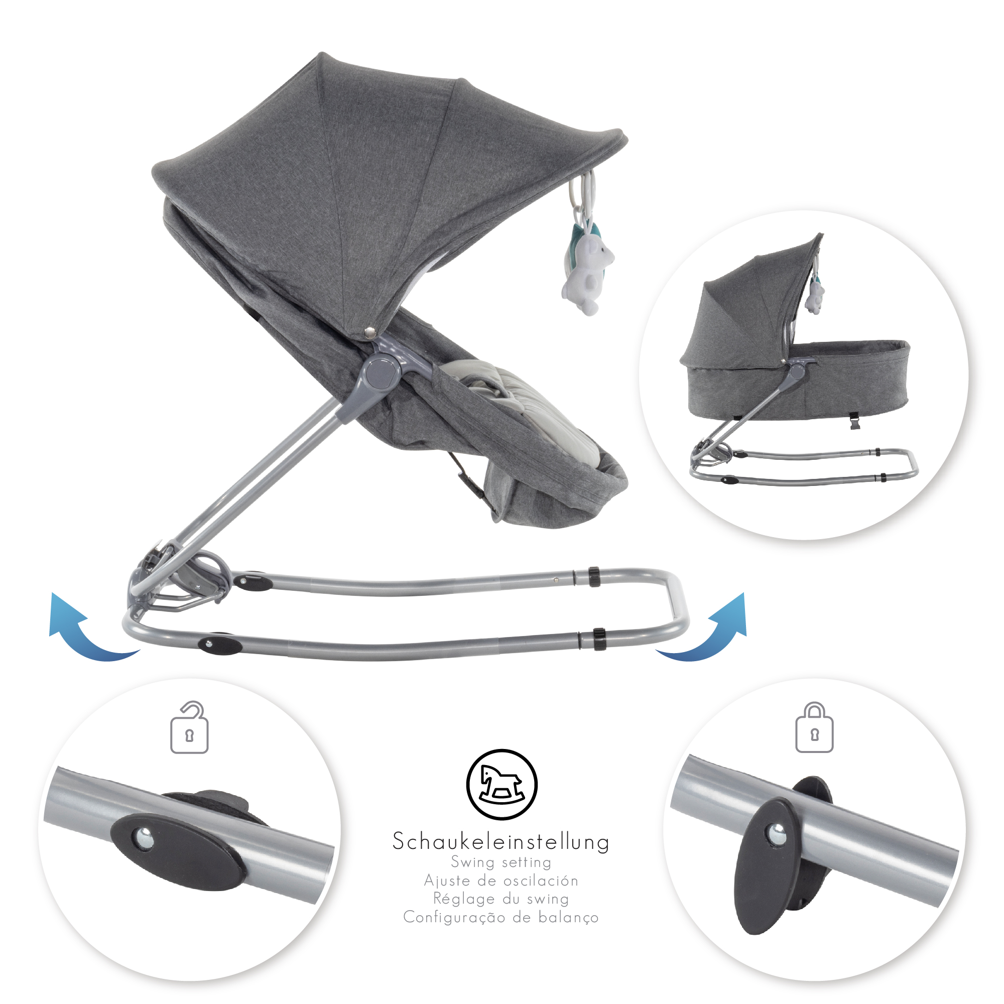Babywippe PAVO mit Wiegenfunktion und Spielebogen Grau + Grau