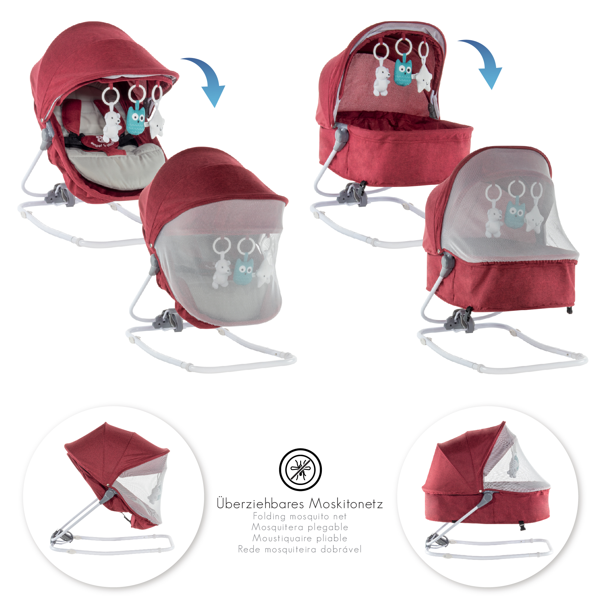 Babywippe PAVO mit Wiegenfunktion und Spielebogen Rot + Grau