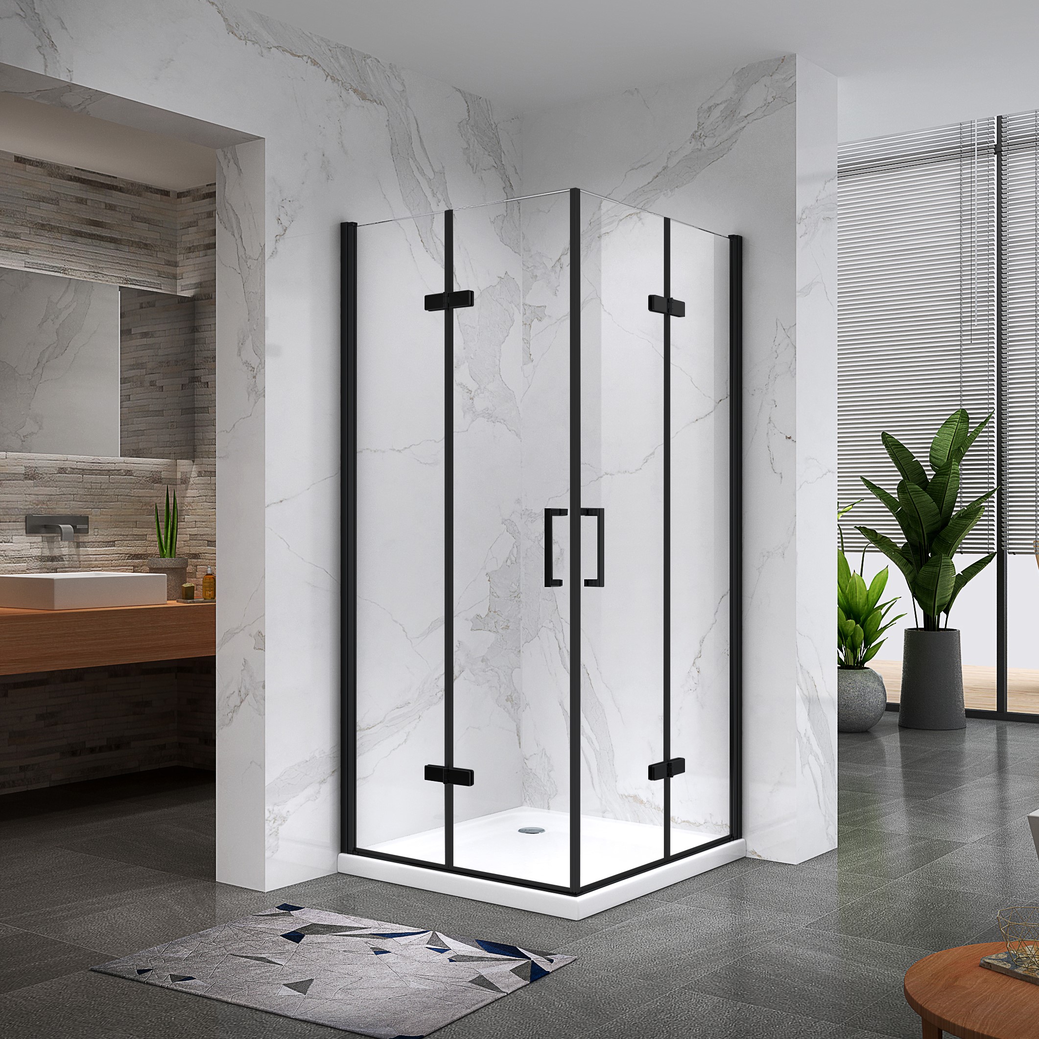 Eckeinstieg Matilde BLACK mit Falttüren aus ESG Sicherheitsglas Eckeinstieg Matilde BLACK mit Falttüren aus ESG Sicherheitsglas