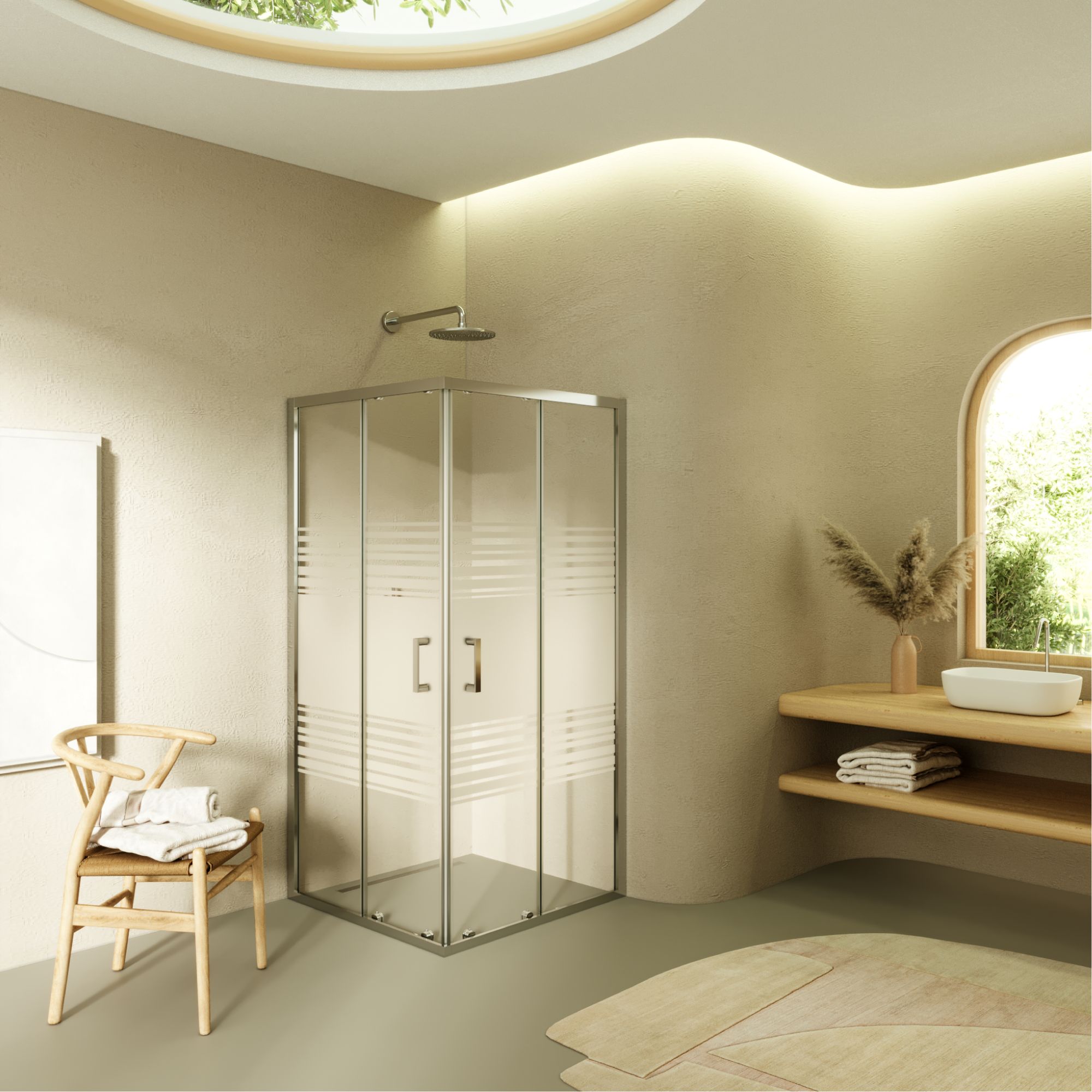 Eckeinstieg Diana mit Schiebetüren aus teilsatiniertem ESG Sicherheitsglas