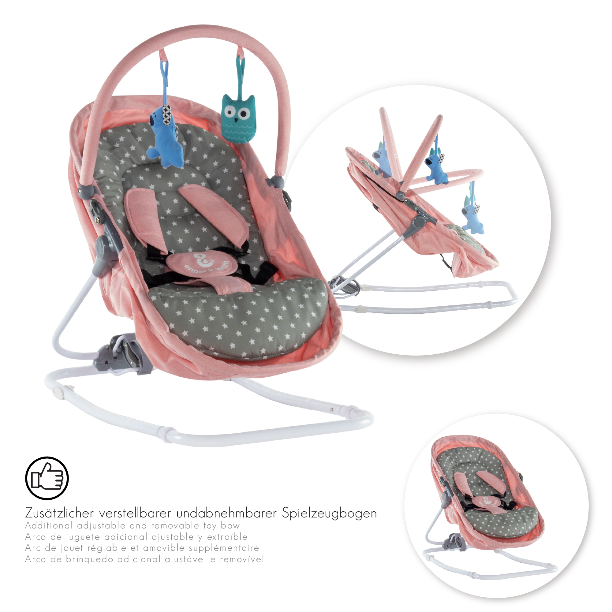 Babywippe PAVO mit Wiegenfunktion und Spielebogen Rosa + Grau weiße Sterne Babywippe PAVO mit Wiegenfunktion und Spielebogen Rosa + Grau weiße Sterne