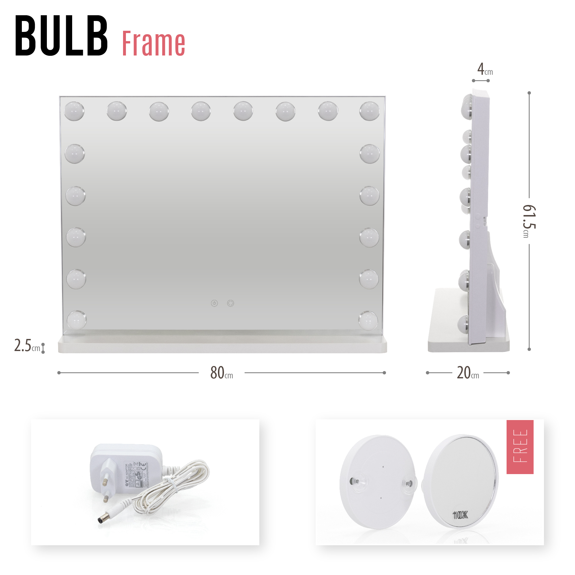 Schminkspiegel Bulb FRAME mit 18 dimmbaren LED-Lampen Weiß