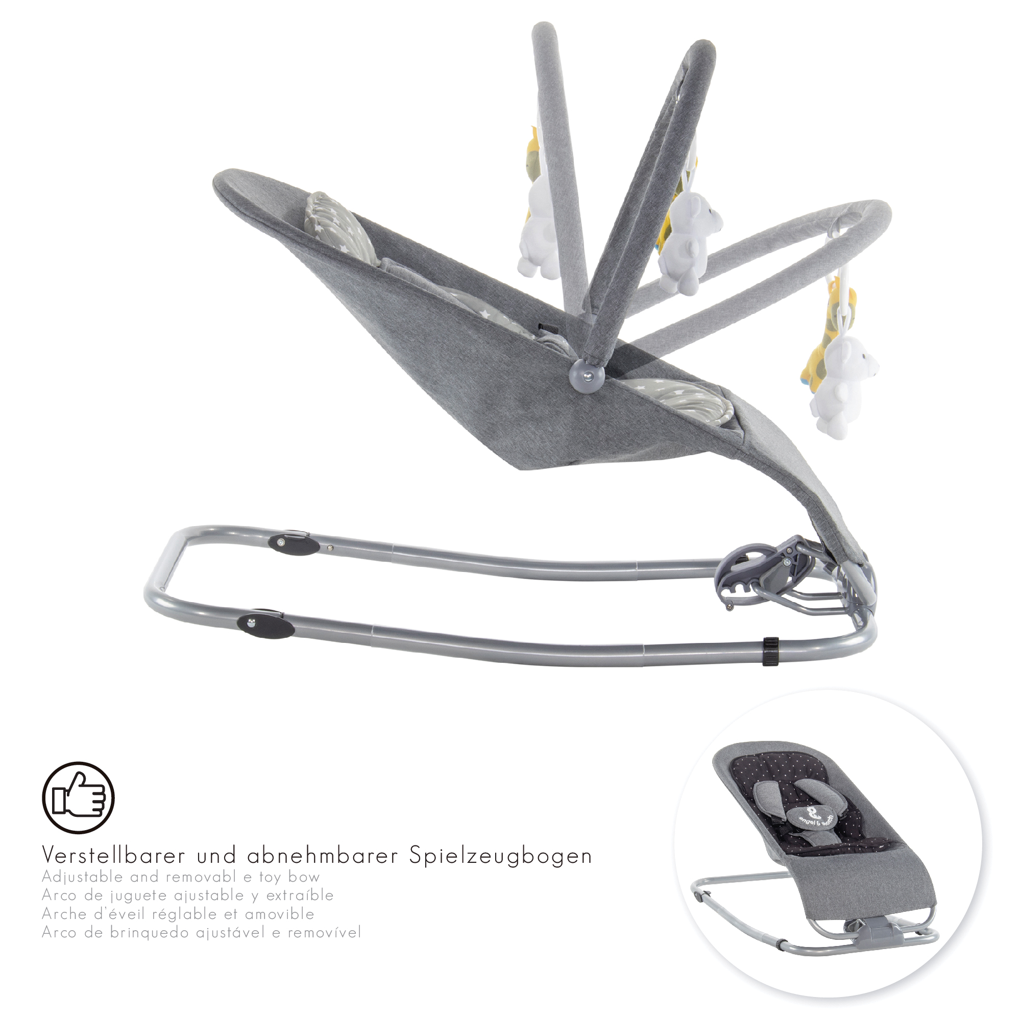 Babywippe VIENO mit abnehmbarem Bezug und Spielebogen Grau + Grau weiße Sterne