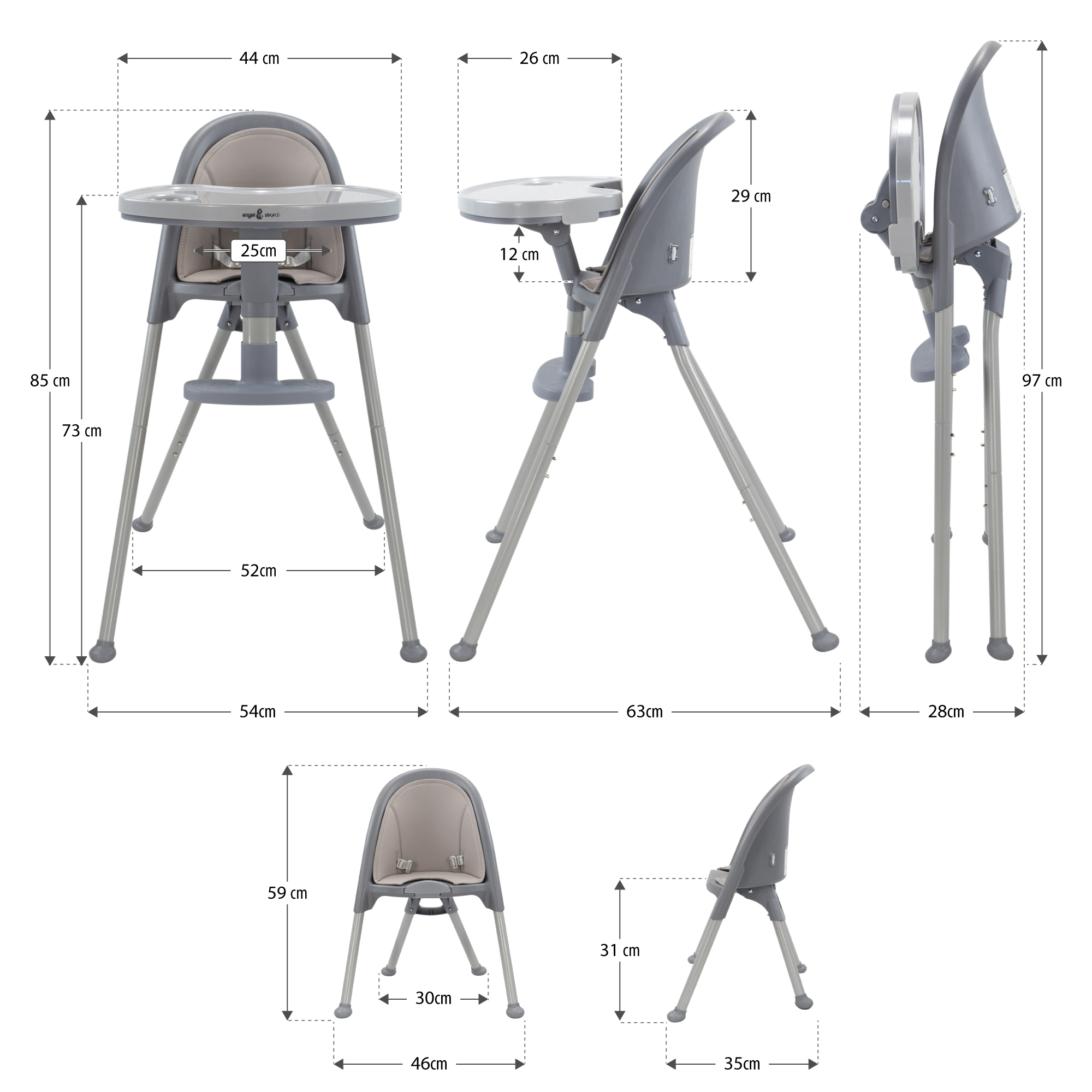 Kinderhochstuhl KARLO Babystuhl faltbar mit Esstablet Grau