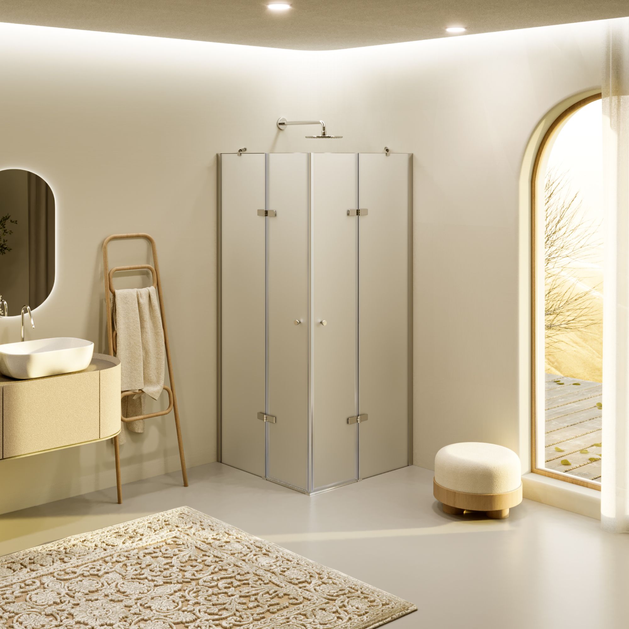 Eckeinstieg Alice mit Klapptüren aus satiniertem ESG Sicherheitsglas