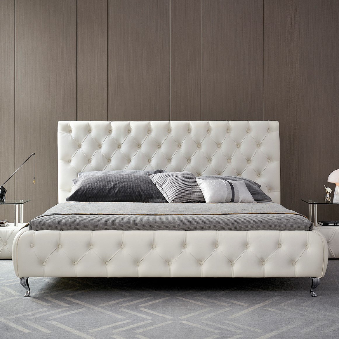 Polsterbett Amour Weiß 200x200 cm mit Lederknöpfen