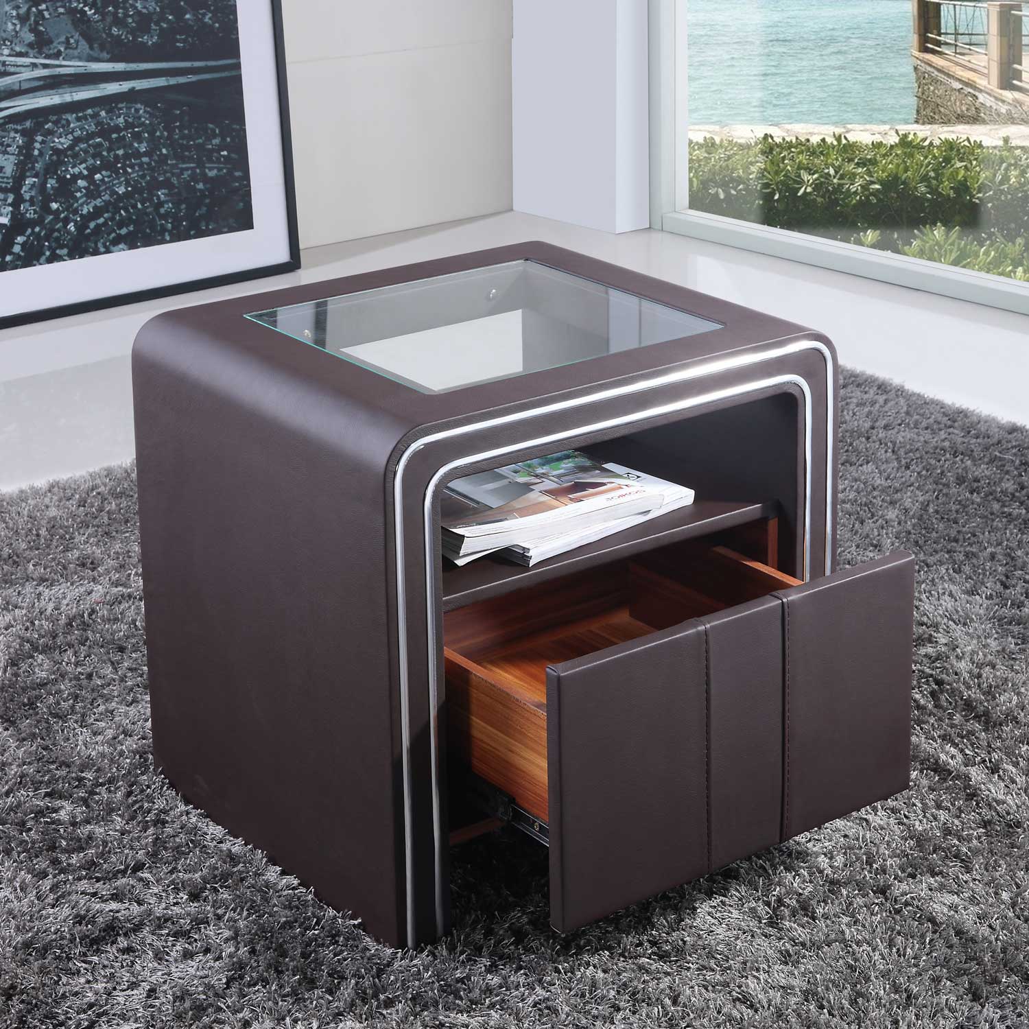 Nachttisch Kommode Nachtkonsole Braun aus hochwertigem Kunstleder - S85 Nachttisch Kommode Nachtkonsole Braun aus hochwertigem Kunstleder - S85
