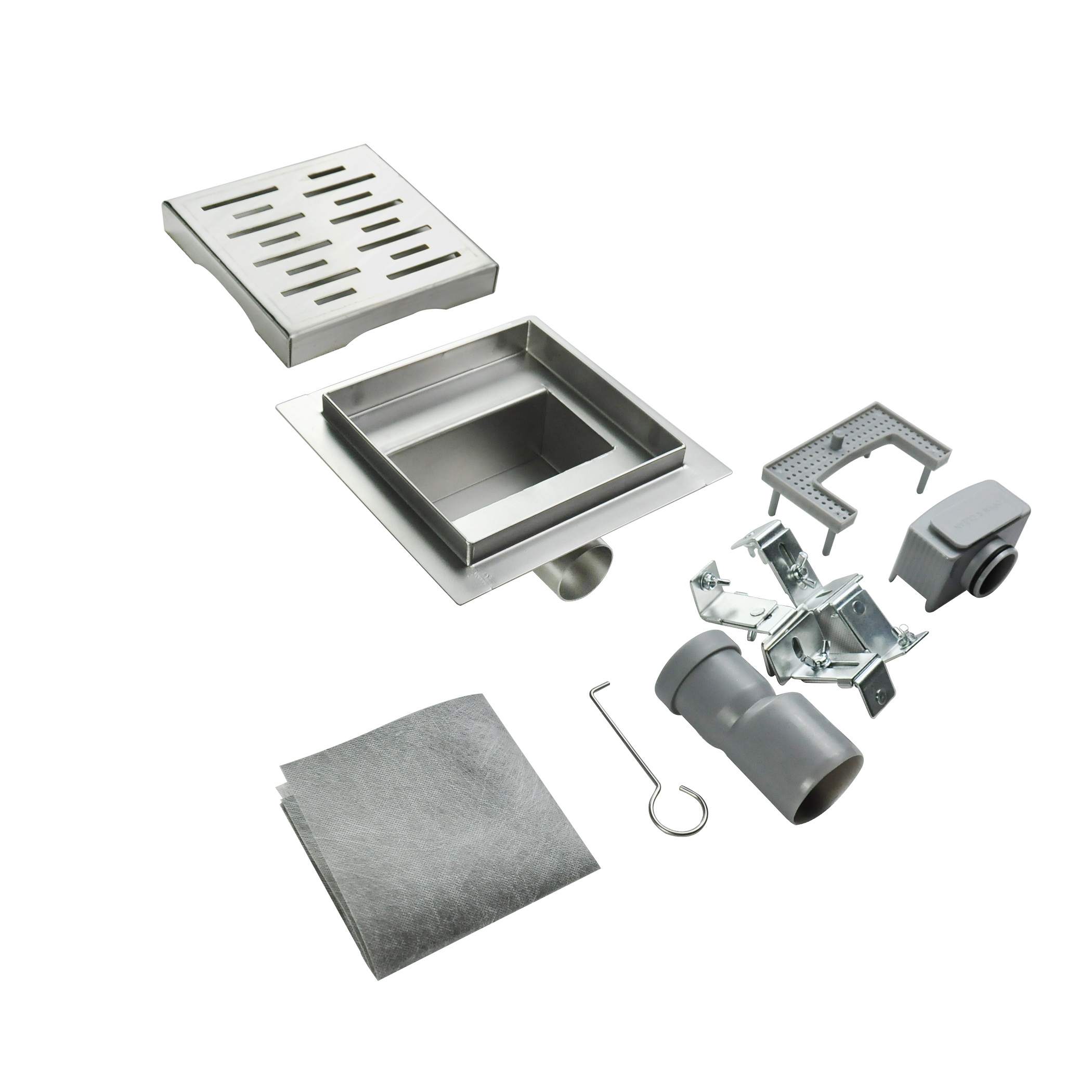 Quadratische Duschrinne Q4 aus Edelstahl für flache Installation mit Schlitzmuster Quadratische Duschrinne Bodenablauf Schlitze aus Edelstahl sehr flach Q4