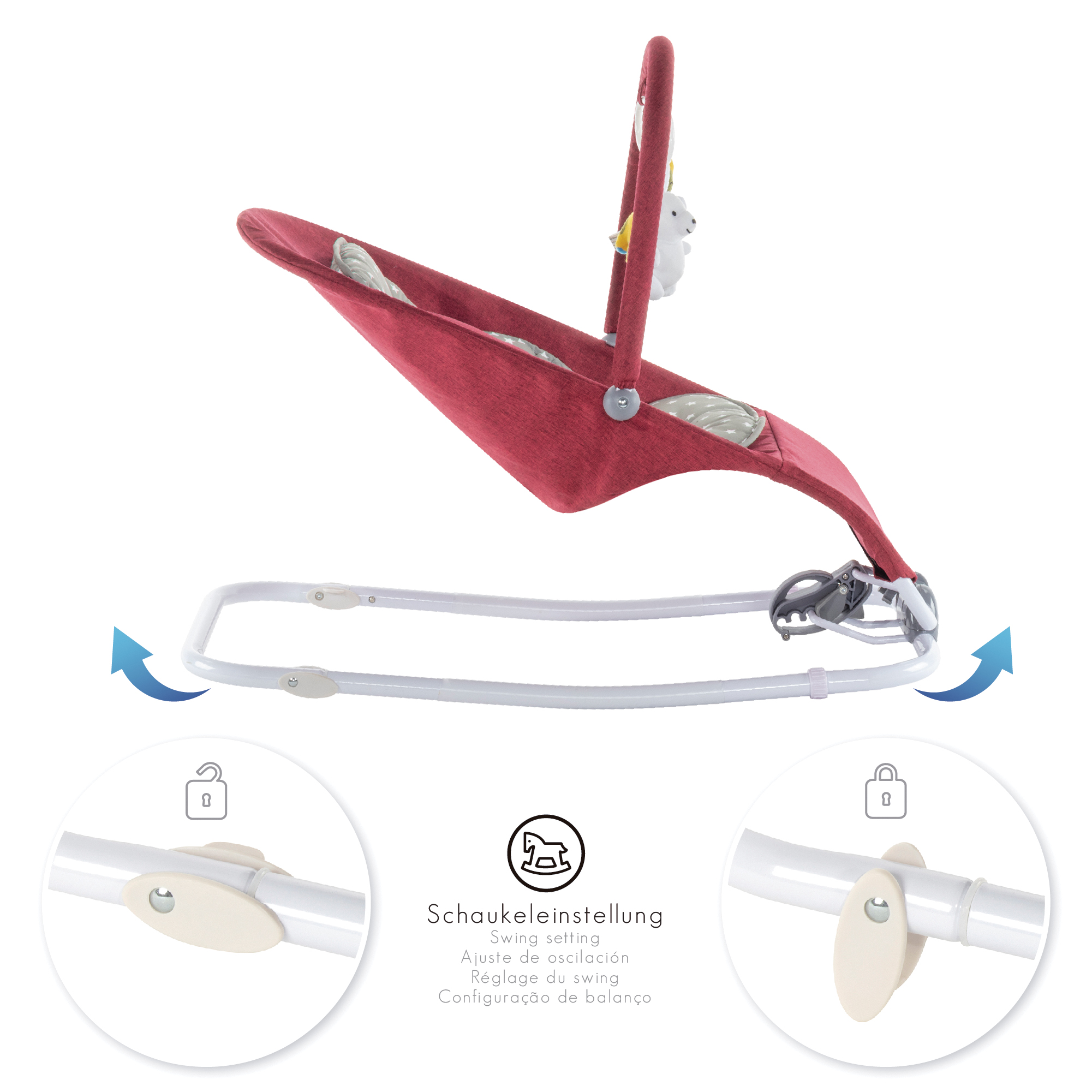 Babywippe VIENO mit abnehmbarem Bezug und Spielebogen Rot + Grau weiße Sterne Babywippe VIENO mit abnehmbarem Bezug und Spielebogen Rot + Grau weiße Sterne