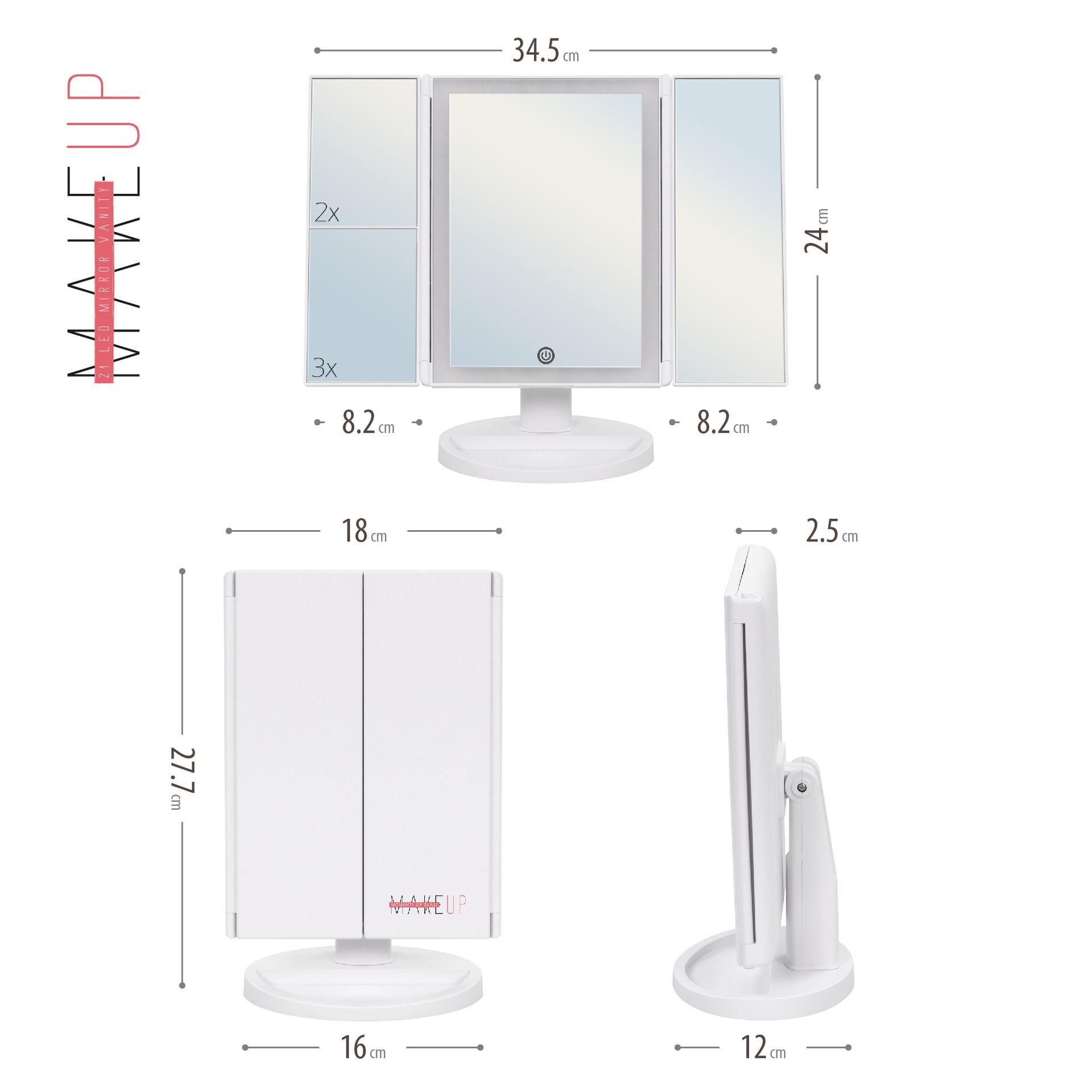 Schminkspiegel mit Vergrößerung MakeUp STRIPE mit dimmbarer LED Lichtleiste