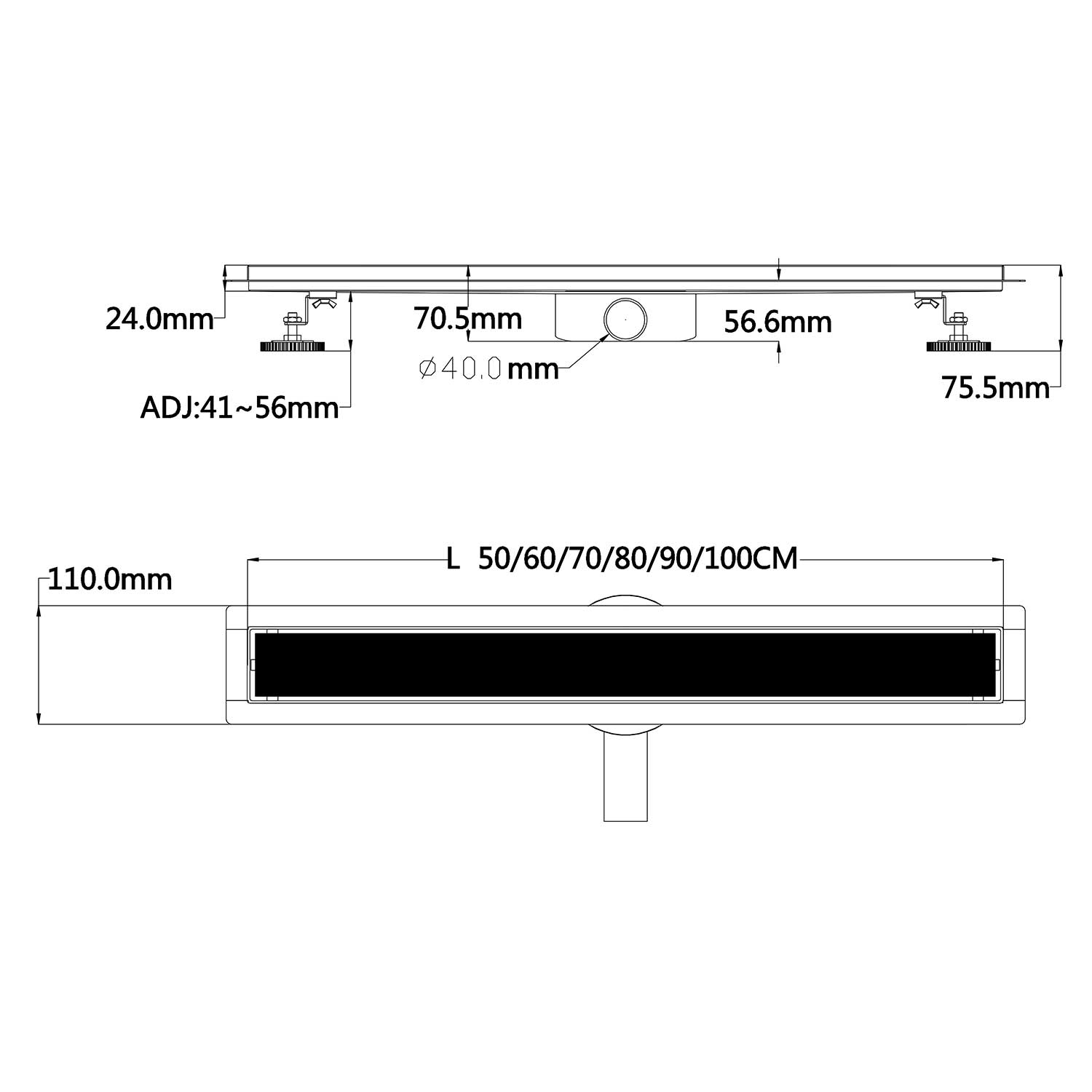 Duschrinne aus Edelstahl mit schwarzem Glas-Ablaufblende für flache Installation B2 Duschrinne aus Edelstahl mit schwarzem Glas-Ablaufblende für flache Installation B2
