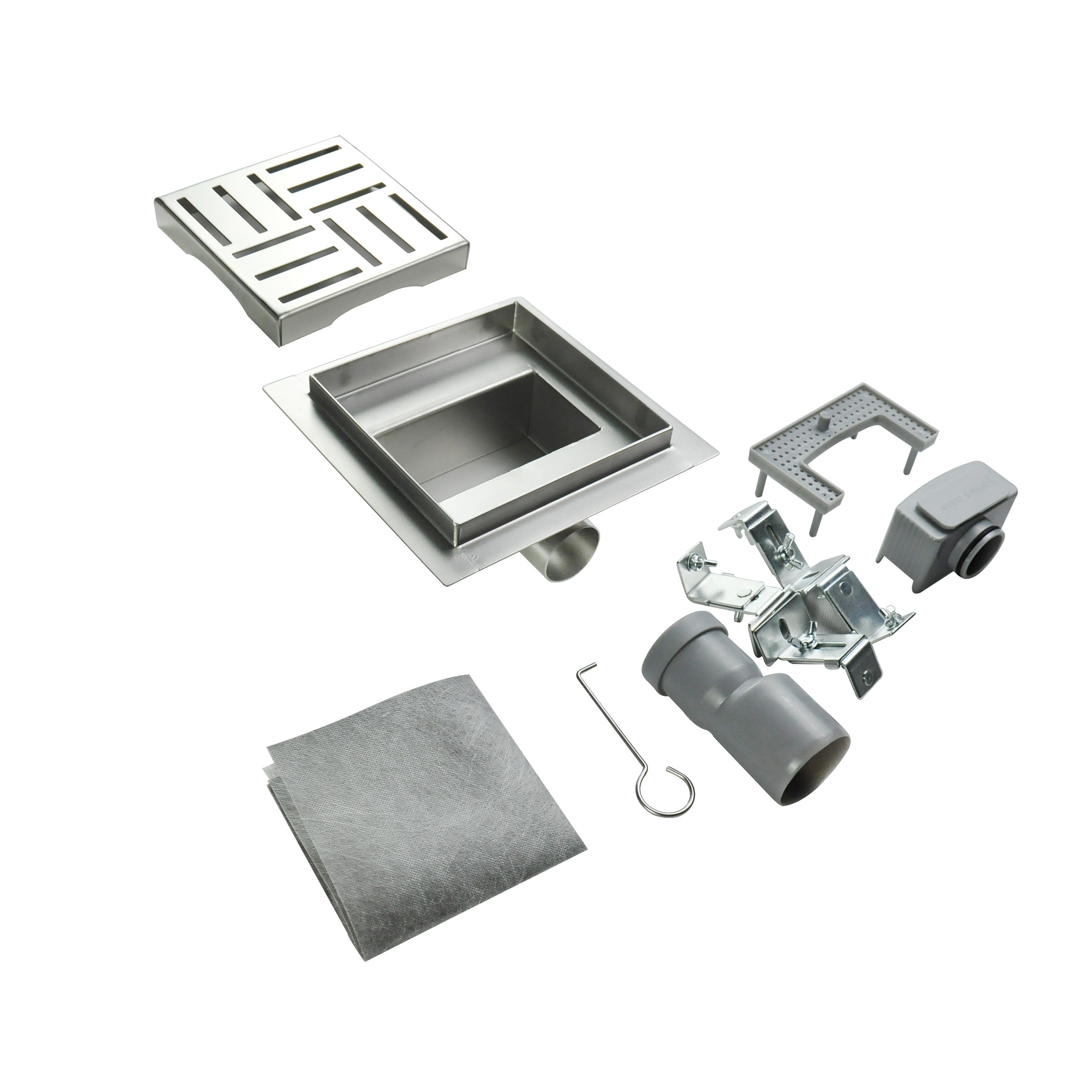 Quadratische Duschrinne Q3 aus Edelstahl für flache Installation mit Schlitzmuster Quadratische Duschrinne Bodenablauf Rinnen aus Edelstahl sehr flach Q3