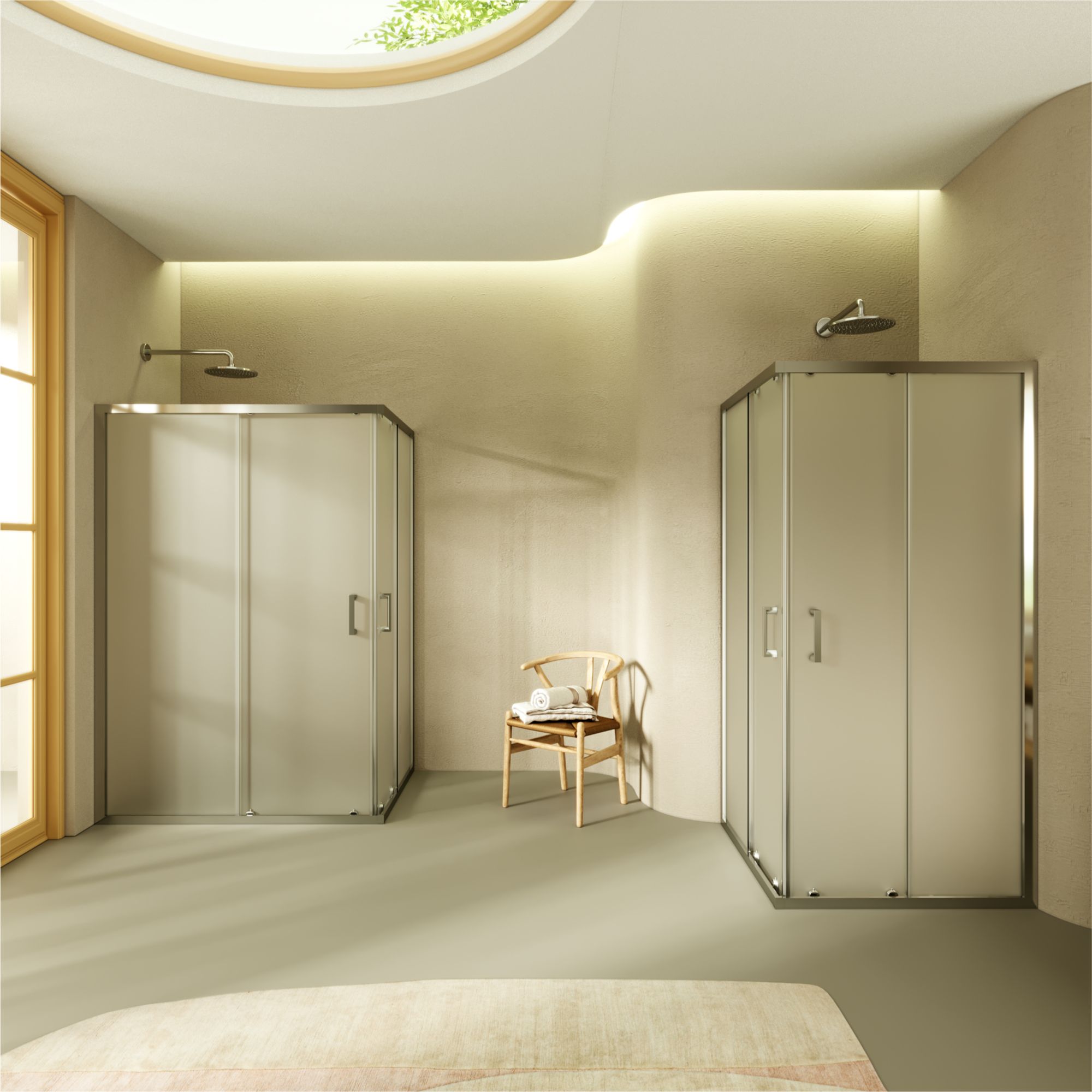 Eckeinstieg Diana mit Schiebetüren aus satiniertem ESG Sicherheitsglas Eckeinstieg Diana mit Schiebetüren aus satiniertem ESG Sicherheitsglas