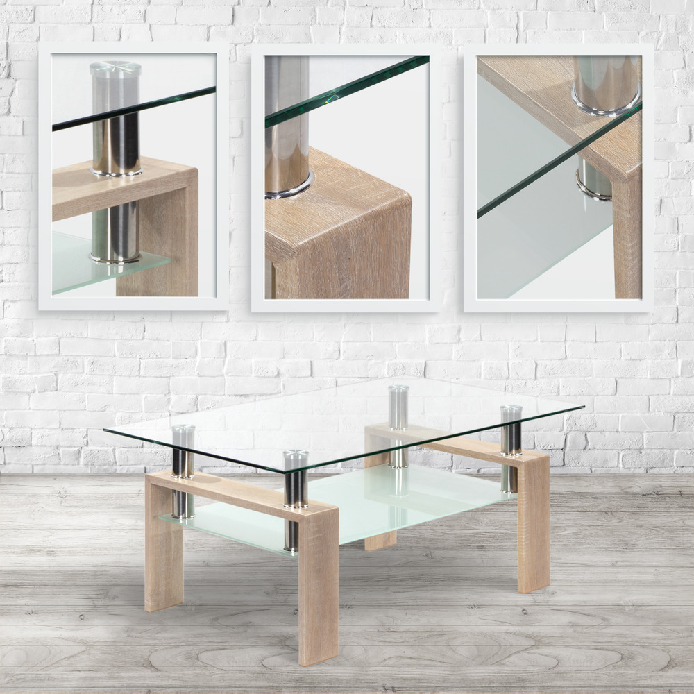 Couchtisch PORTER aus Glas/Metall mit Holz in Eichfarbe