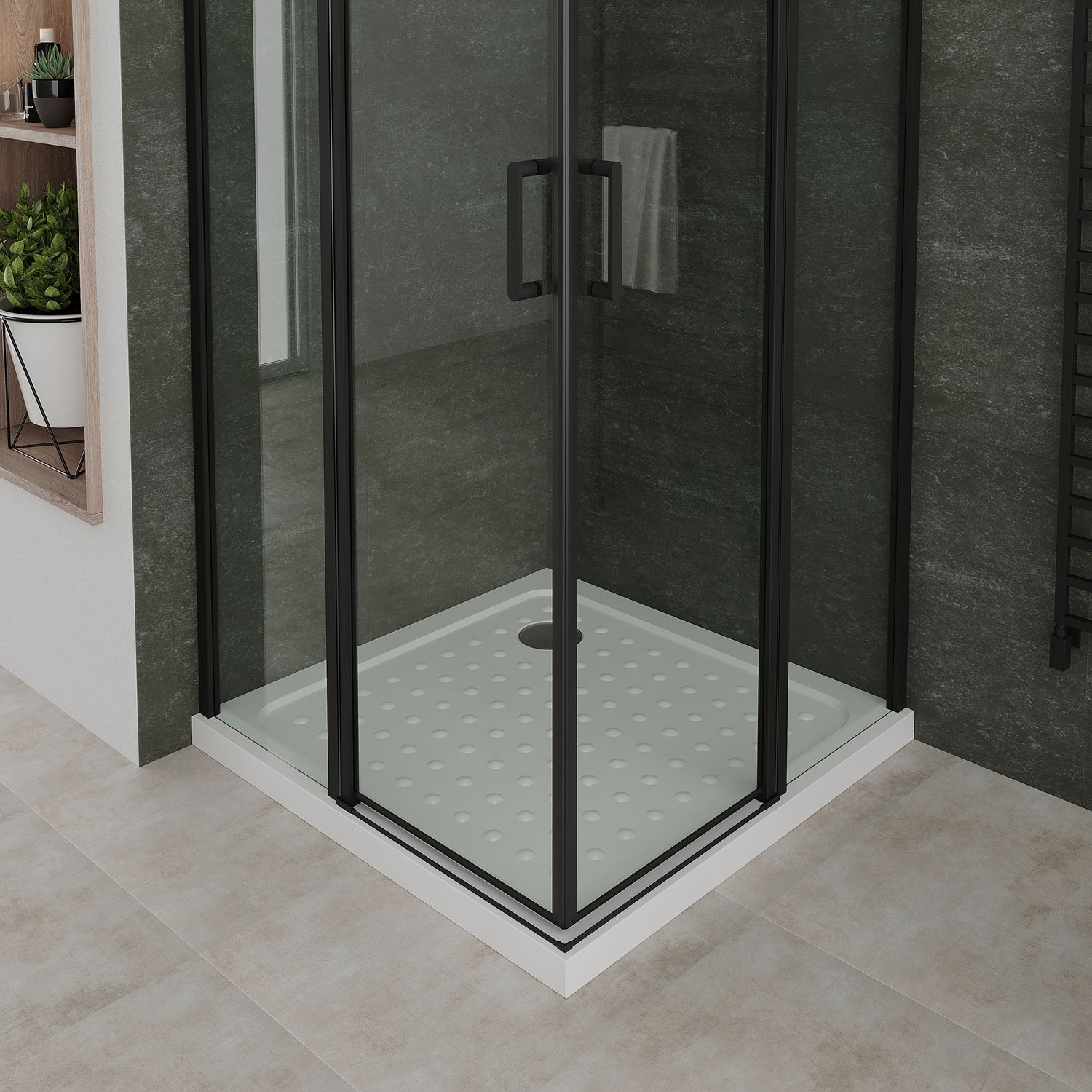 Eckeinstieg Linda mit Klapptüren und schwarzen Profilen aus ESG Sicherheitsglas