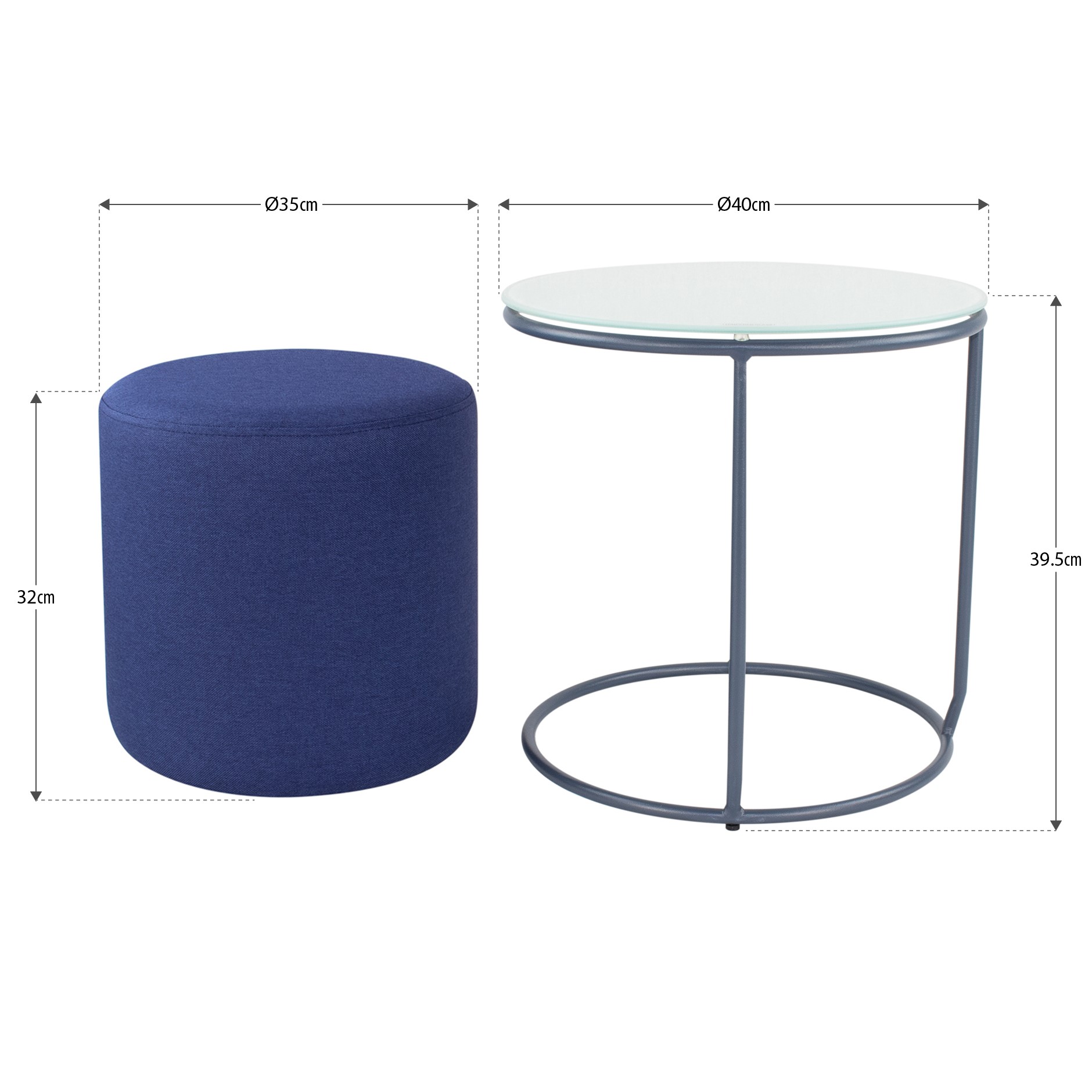 Beistelltisch mit Hocker JASPER runder Couchtisch 40x40 cm Grau-Navy N4