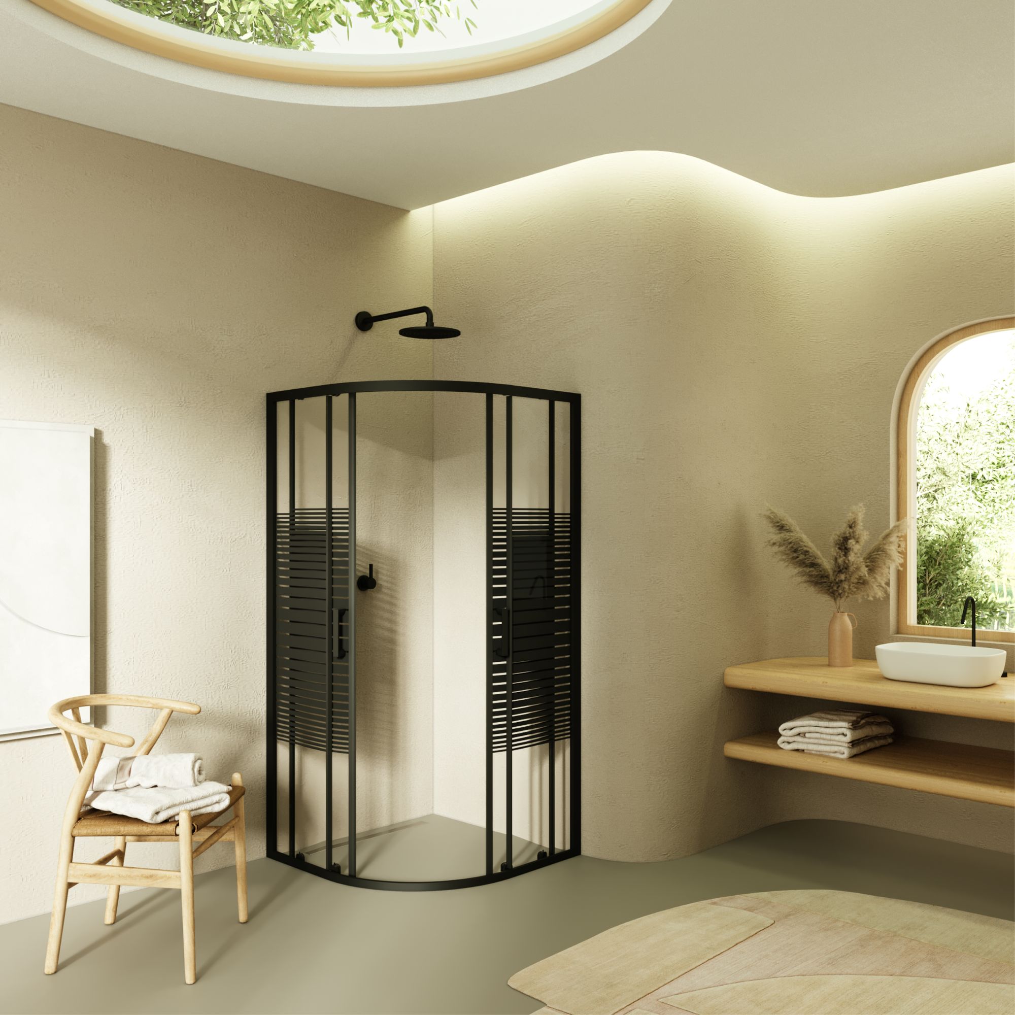 Viertelkreisdusche Ella mit Schiebetüren aus gestreiftem ESG Glas mit schwarzen Aluminium Profile