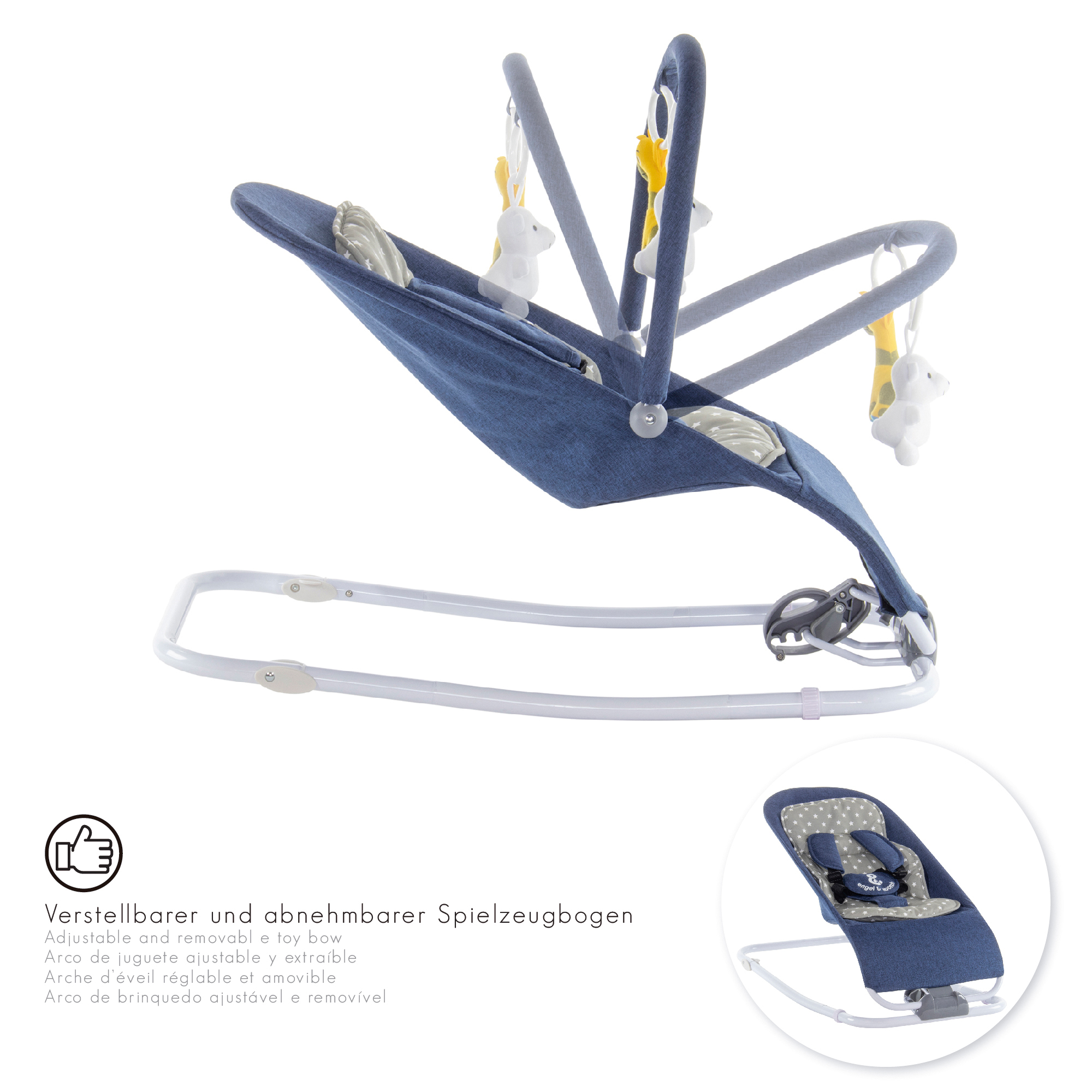 Babywippe VIENO mit abnehmbarem Bezug und Spielebogen Blau + Grau weiße Sterne Babywippe VIENO mit abnehmbarem Bezug und Spielebogen Blau + Grau weiße Sterne