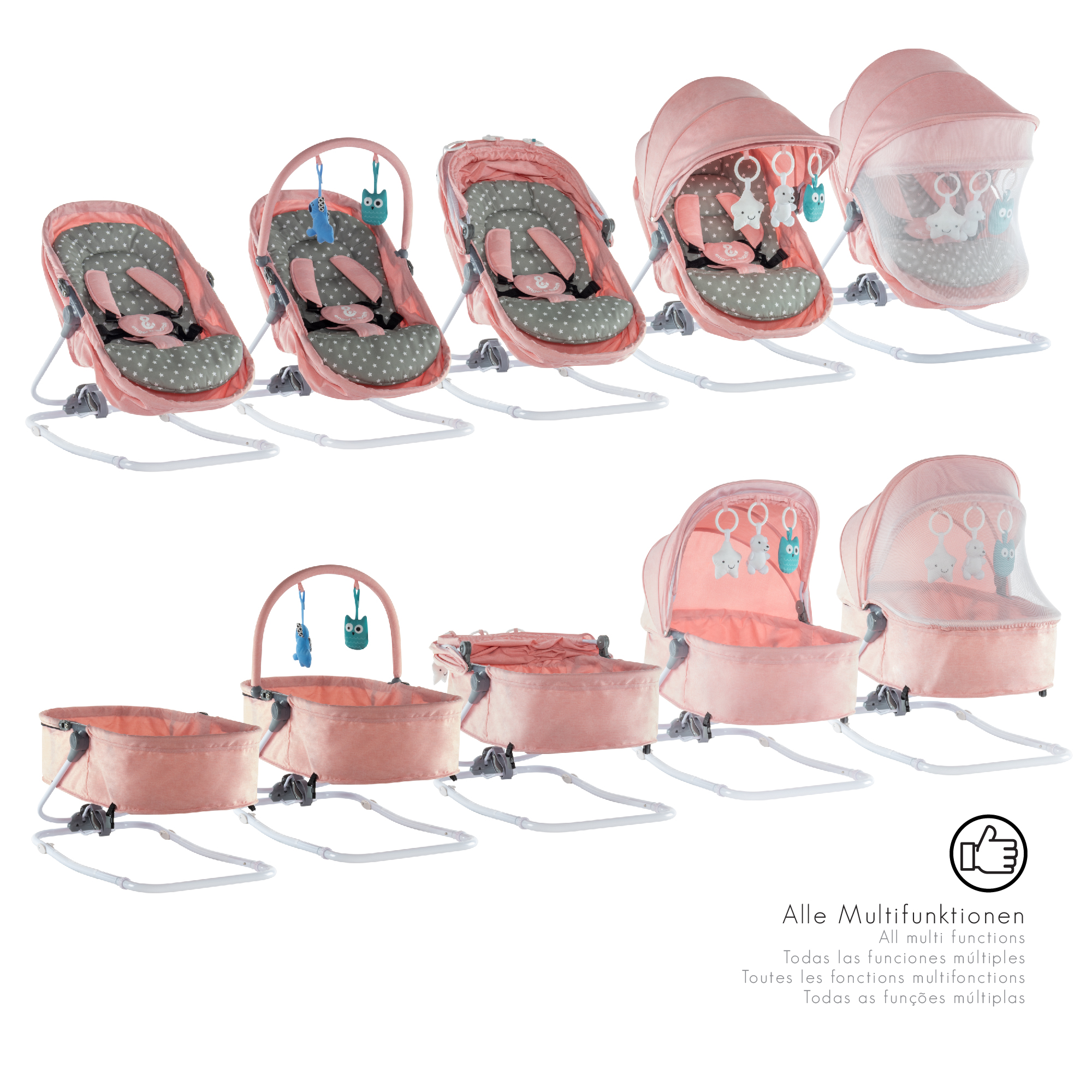 Babywippe PAVO mit Wiegenfunktion und Spielebogen Rosa + Grau weiße Sterne Babywippe PAVO mit Wiegenfunktion und Spielebogen Rosa + Grau weiße Sterne