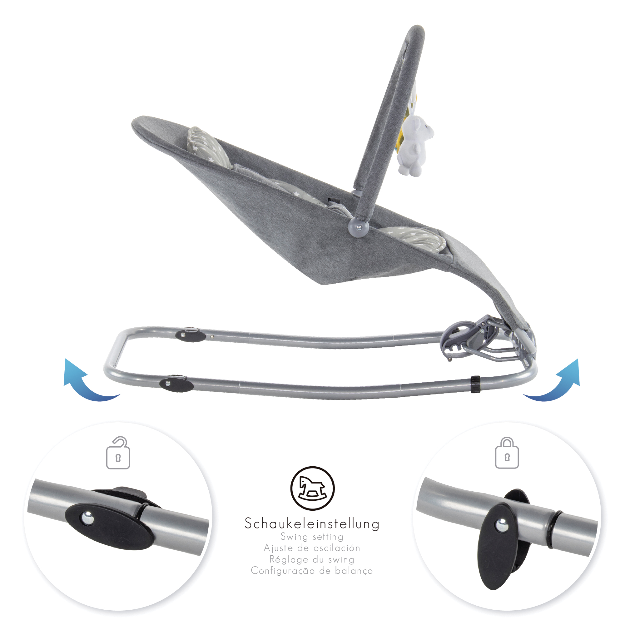 Babywippe VIENO mit abnehmbarem Bezug und Spielebogen Grau + Grau weiße Sterne