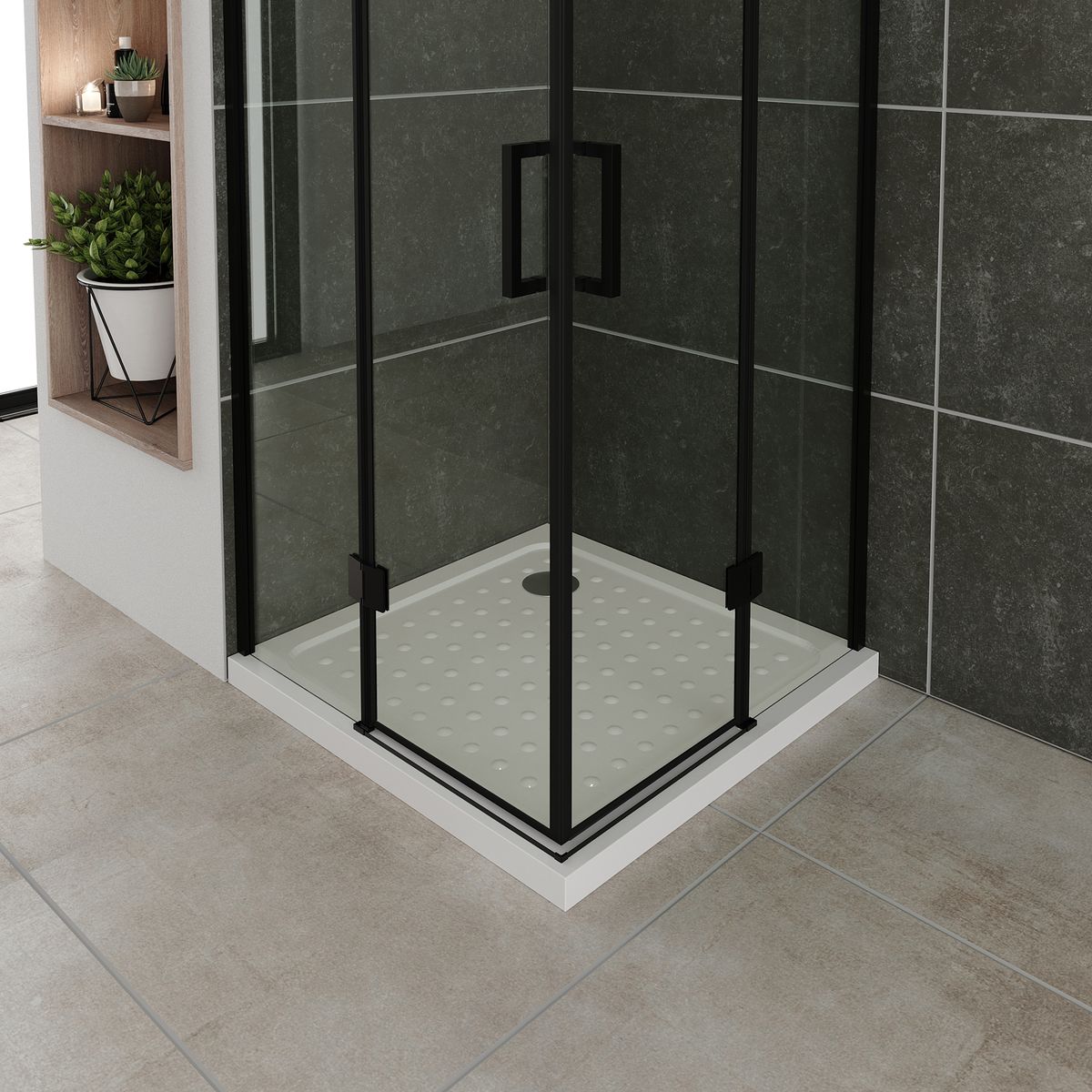 Eckeinstieg Celine mit Klapptüren und schwarzen Profilen aus ESG Sicherheitsglas Eckeinstieg Celine mit Klapptüren und schwarzen Profilen aus ESG Sicherheitsglas