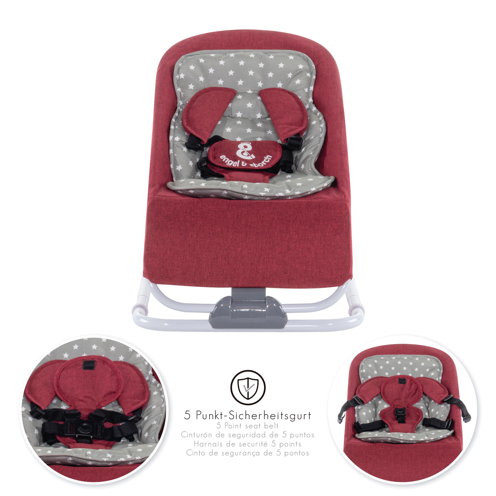 Babywippe VIENO mit abnehmbarem Bezug und Spielebogen Rot + Grau weiße Sterne Babywippe VIENO mit abnehmbarem Bezug und Spielebogen Rot + Grau weiße Sterne