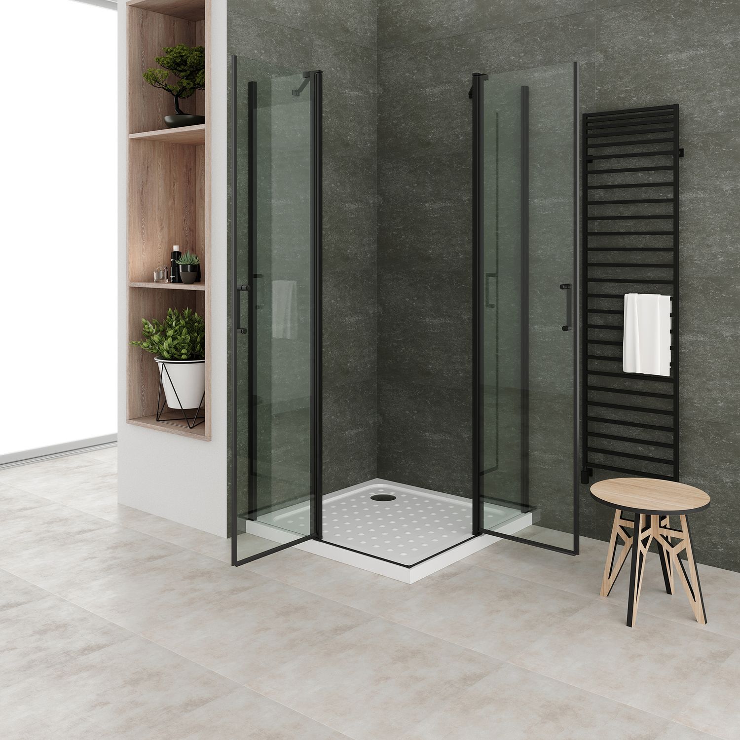 Eckeinstieg Linda mit Klapptüren und schwarzen Profilen aus ESG Sicherheitsglas Eckeinstieg Linda mit Klapptüren und schwarzen Profilen aus ESG Sicherheitsglas