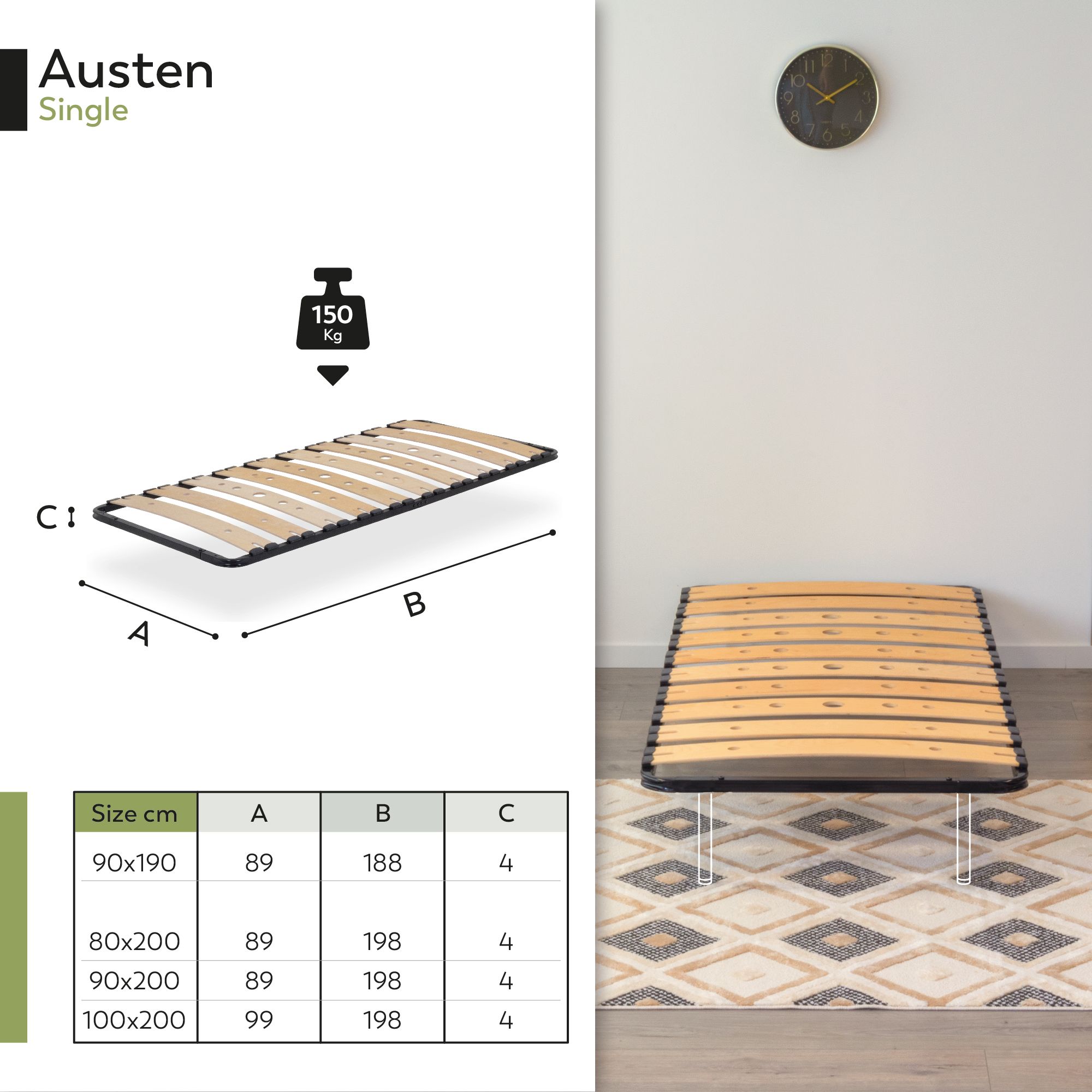 Lattenrost AUSTEN mit Holzlamellen – Stabiler Metallrahmen in Schwarz 100x200 Lattenrost AUSTEN mit Holzlamellen – Stabiler Metallrahmen in Schwarz 90x200