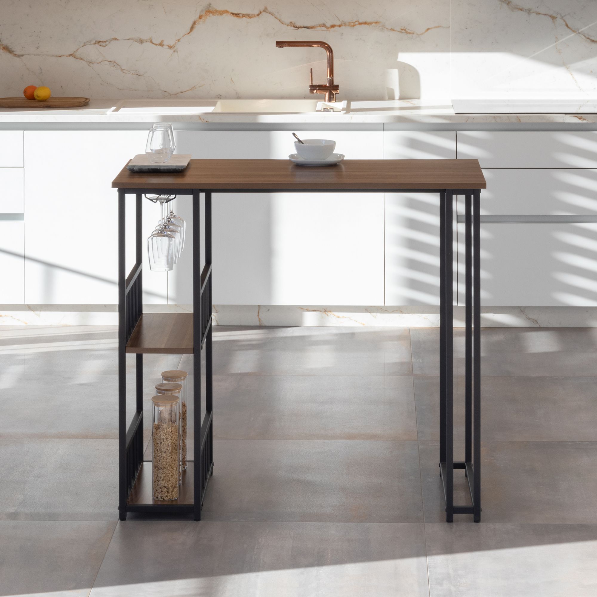 i-flair Stehtisch Bartisch Gavin – Stehtisch mit Stahlrahmen und 2 Ablageflächen & Glashalter Walnuß