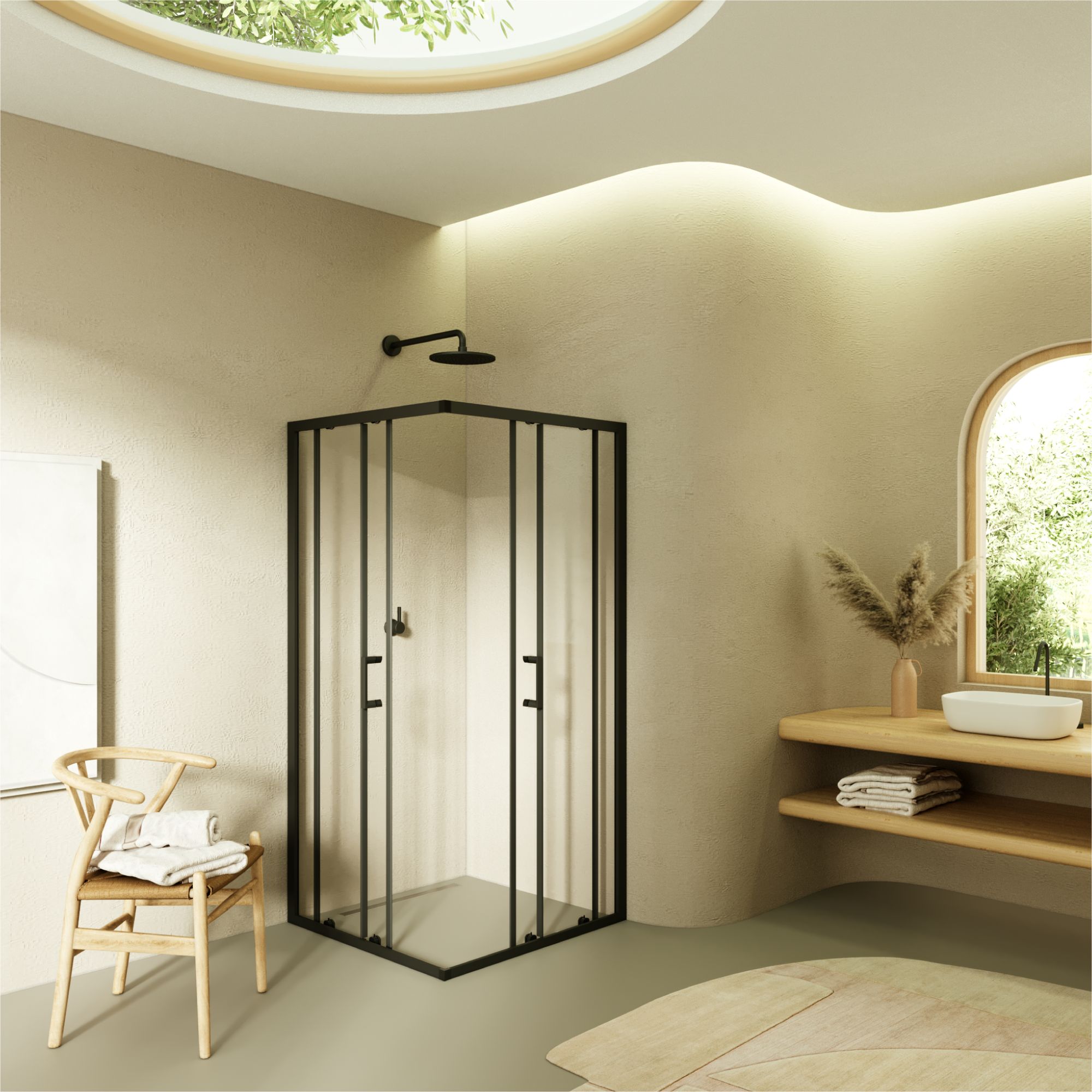 Corner entry Danielle with sliding doors and black profiles made of ESG safety glass. Corner entry Danielle with sliding doors and black profiles made of ESG safety glass.